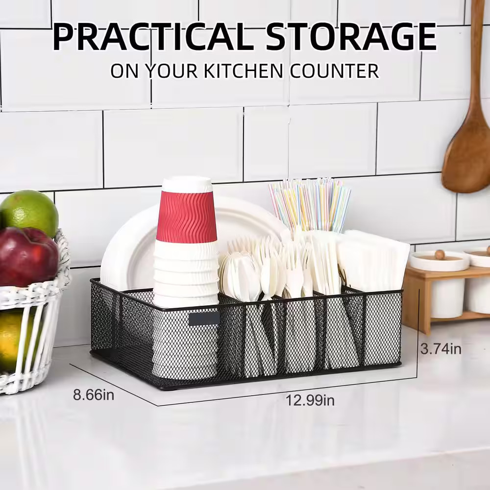 Countertop Black Metal Paper Plate Organizer with 6 Compartments Cup Napkin Uten