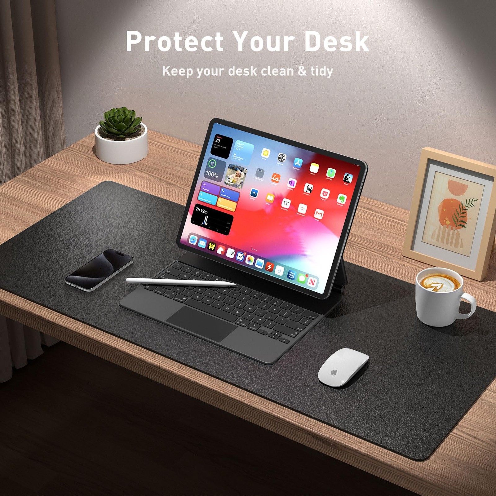 Aothia Non-Slip Waterproof PU Leather Desk Pad Protector 23.6″ x 13.7″, Black