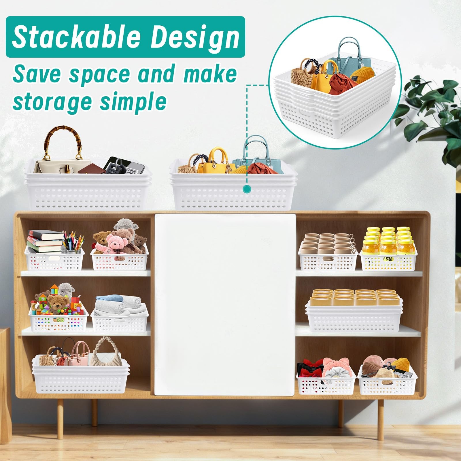 12 Pcs Plastic Storage Baskets Bulk 14 x 10 In Stackable Storage Bin with Handle