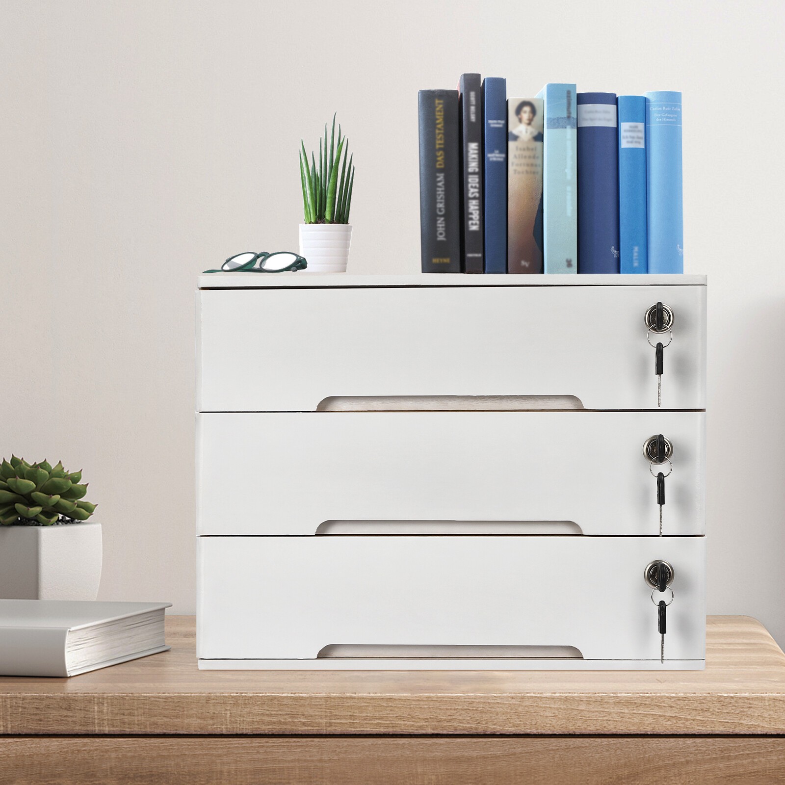 White Wooden Desktop Storage Box With Lockable Drawers Office Flat File Cabinet