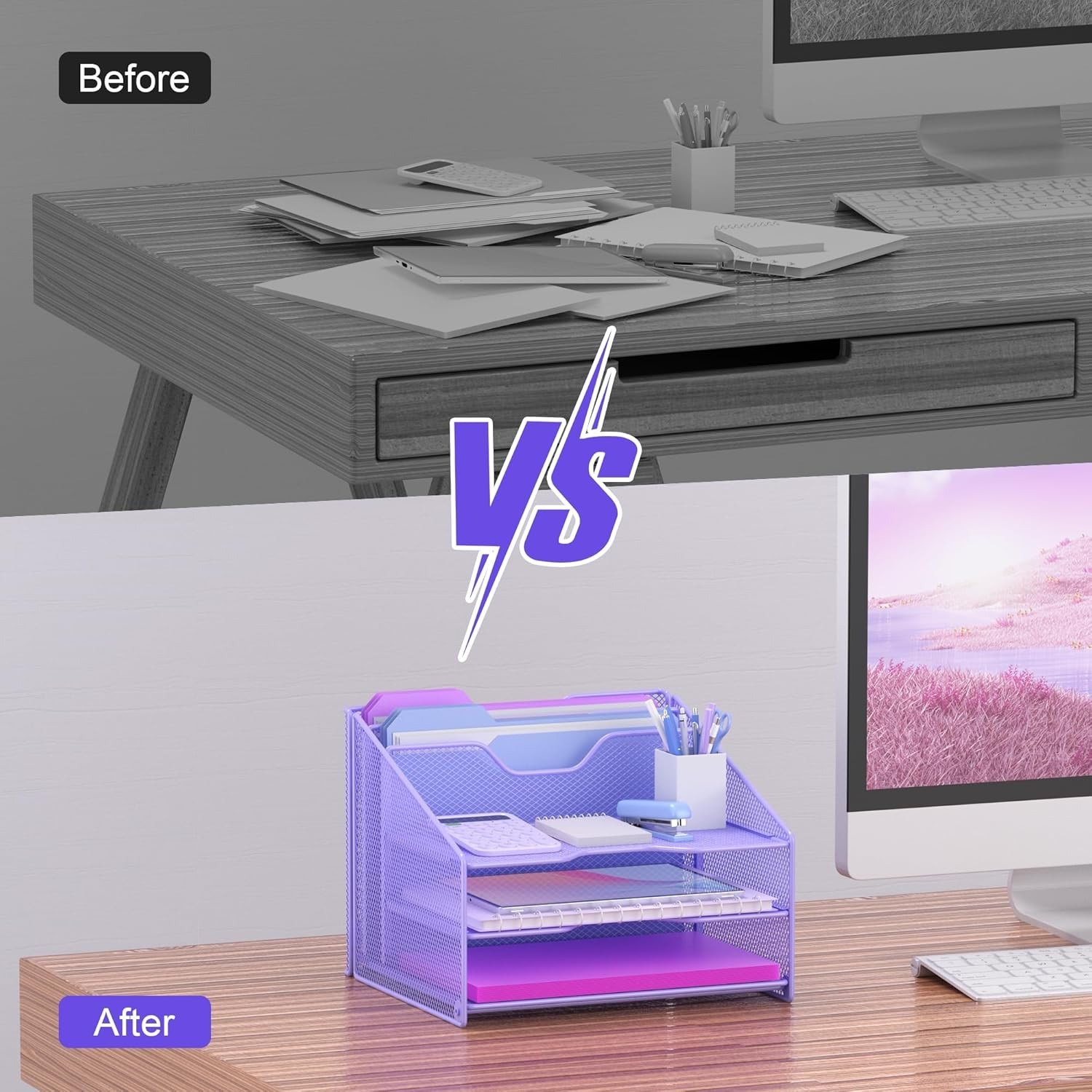 Compact Purple Desk File Organizer: 3-Tier and Vertical Holder for Office Use