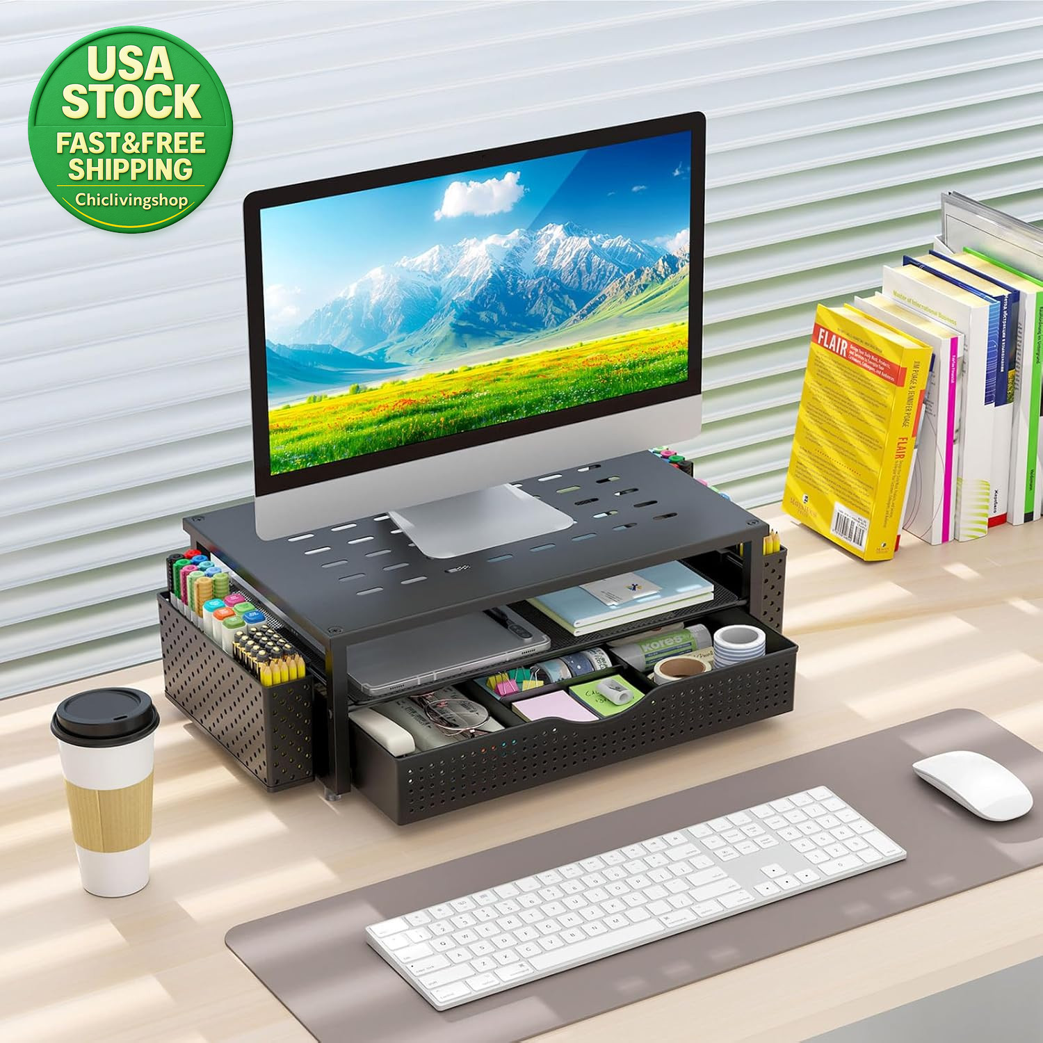 Desk Organizer Monitor Stand with Drawer and 2 Pen Holders Black