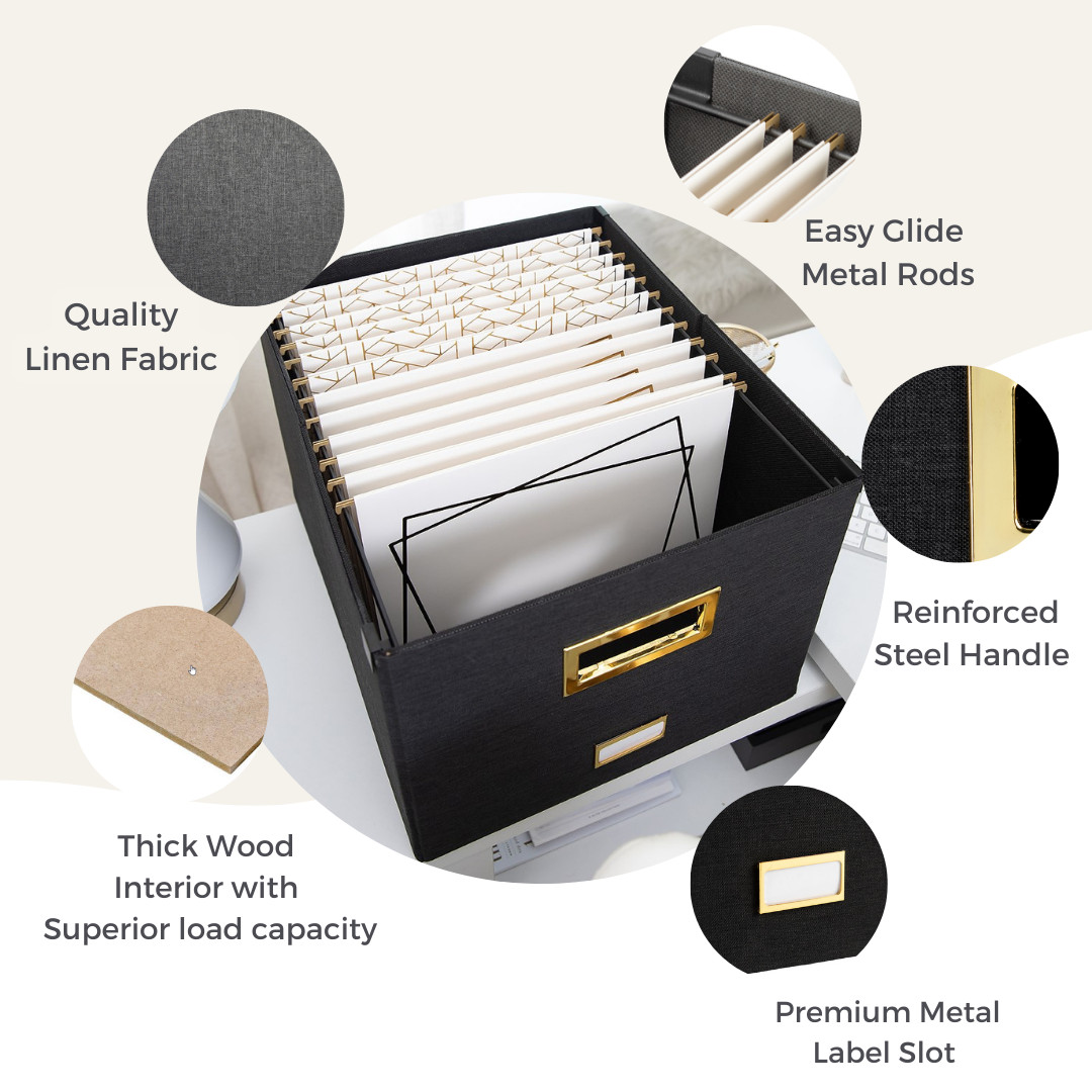 Boxes for Hanging Files with Lid: Black Document Organizer, Hanging File Box