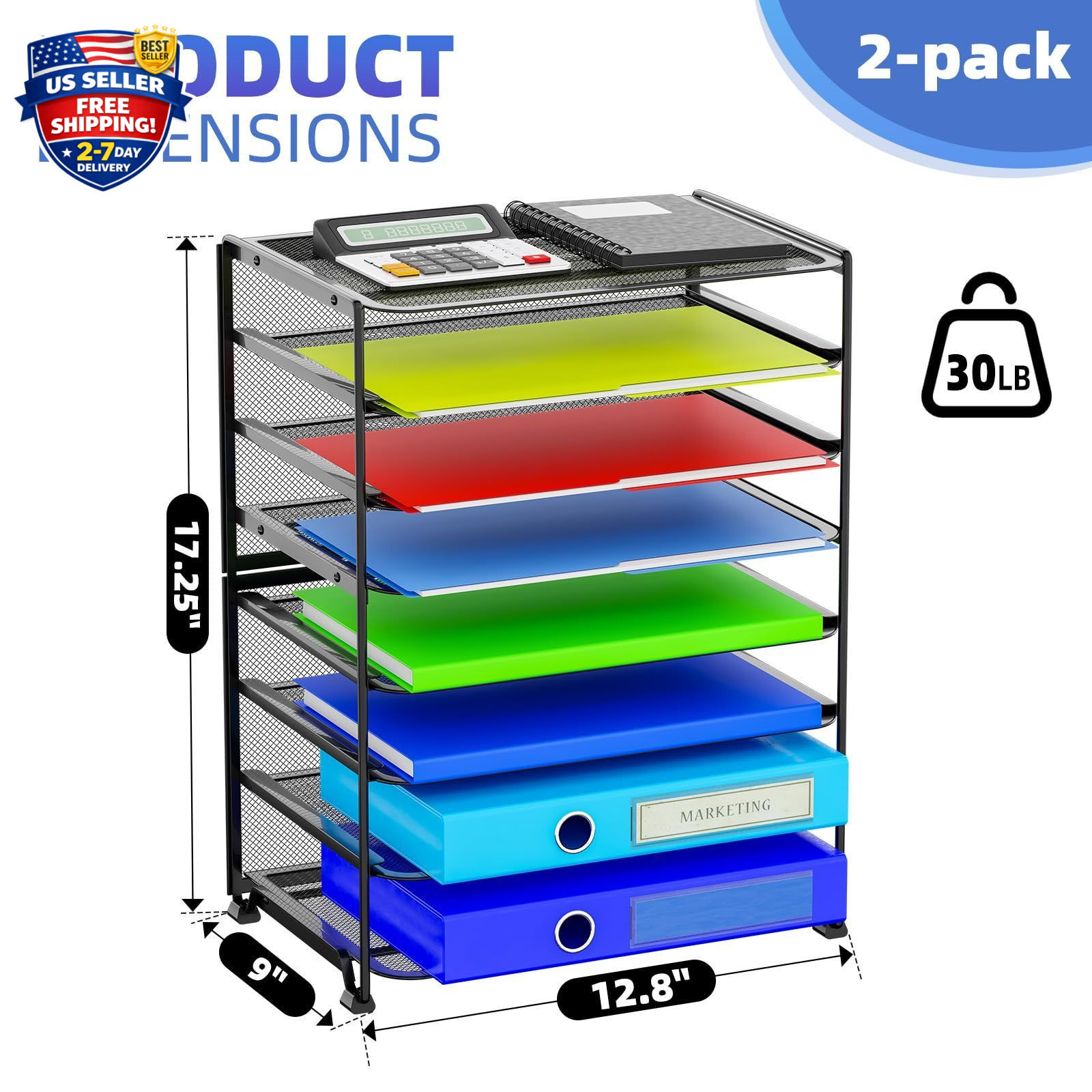 2 Pack 8 Tier Mesh Desk File Organizer Letter Tray Paper Storage Black