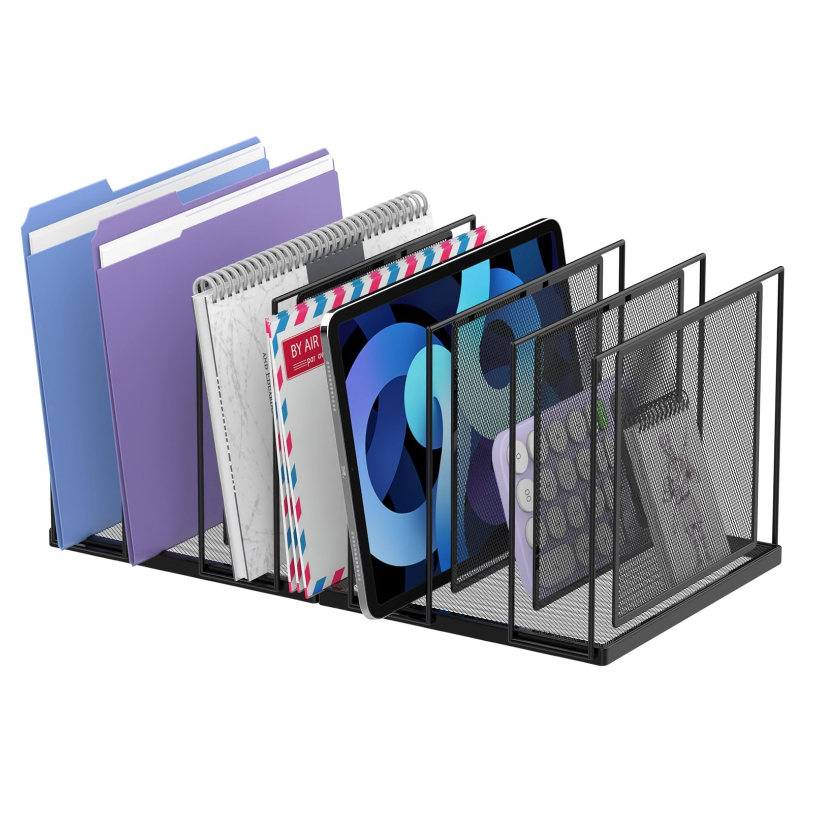 Black 7Section Vertical Desk File Organizer Standing Metal Sorter Paper