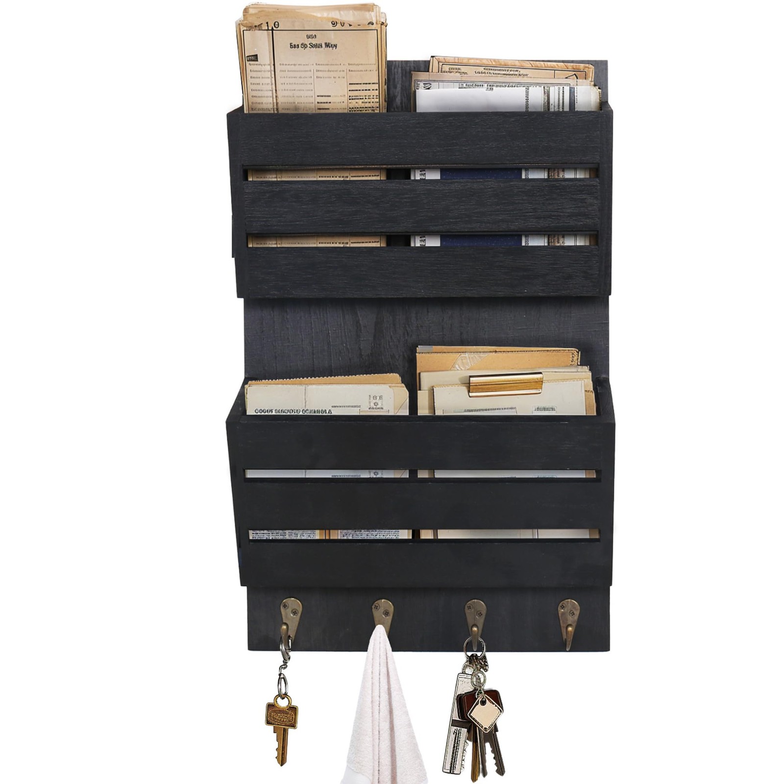 Mail Organizer Wall Mount with 4 Key Hooks, Rustic Wooden Hanging Mail Sorter…