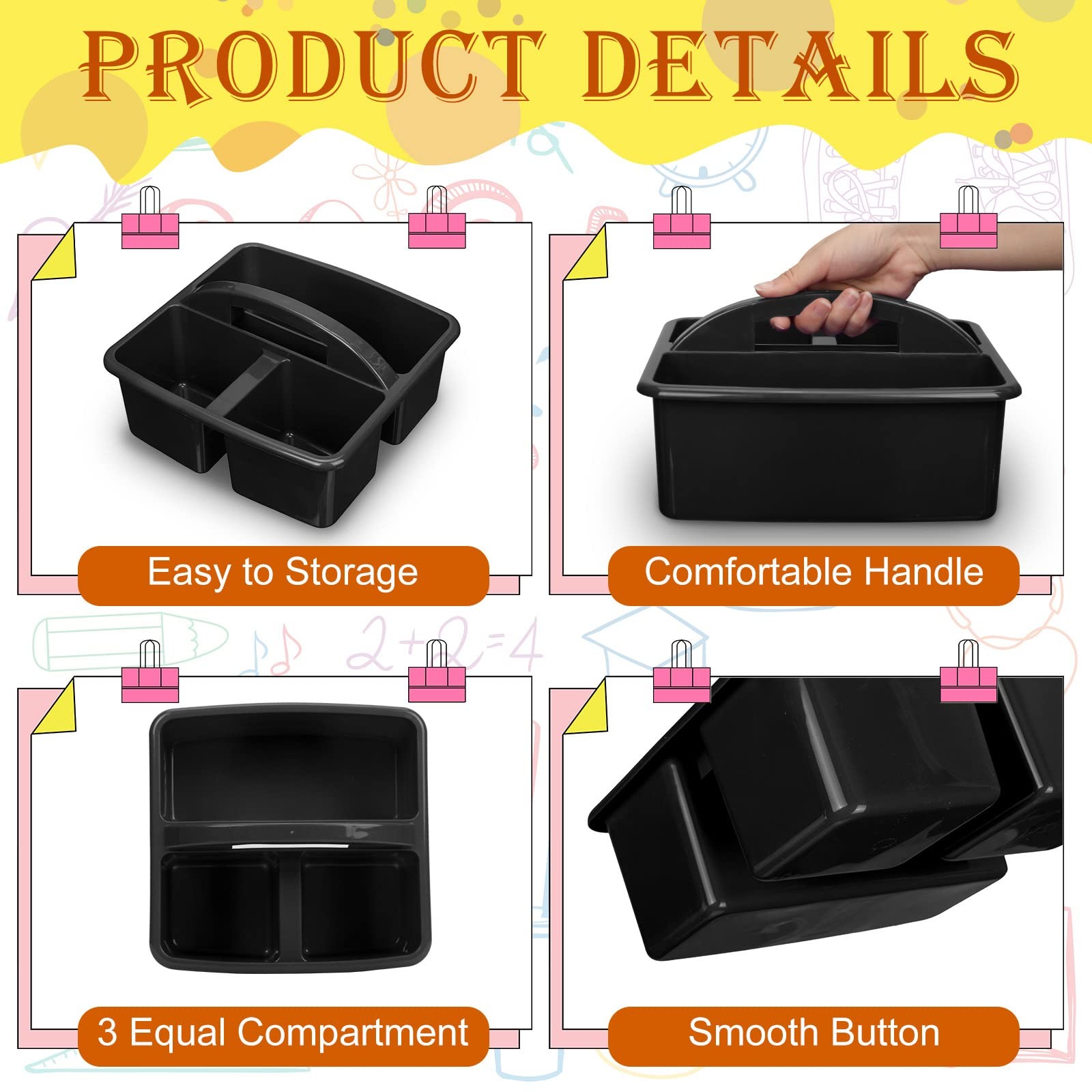24 Pack Classroom Caddy Bulk, Black Plastic Caddy Organizer with Handle 3-com…