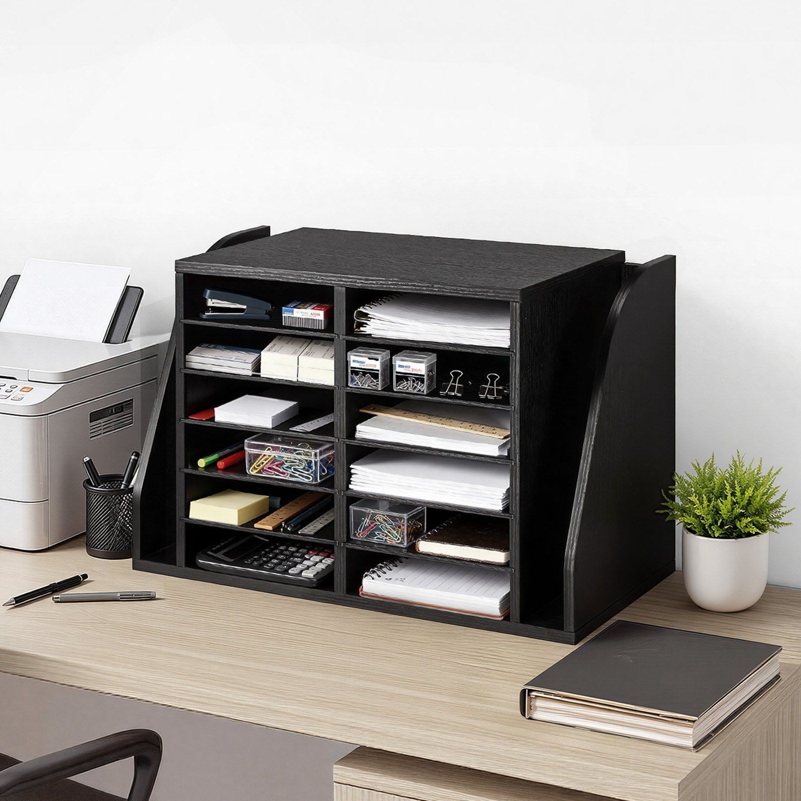 Desktop Literature Organizer – 12 Slot Wooden Sorter, Side Storage, Black Finish