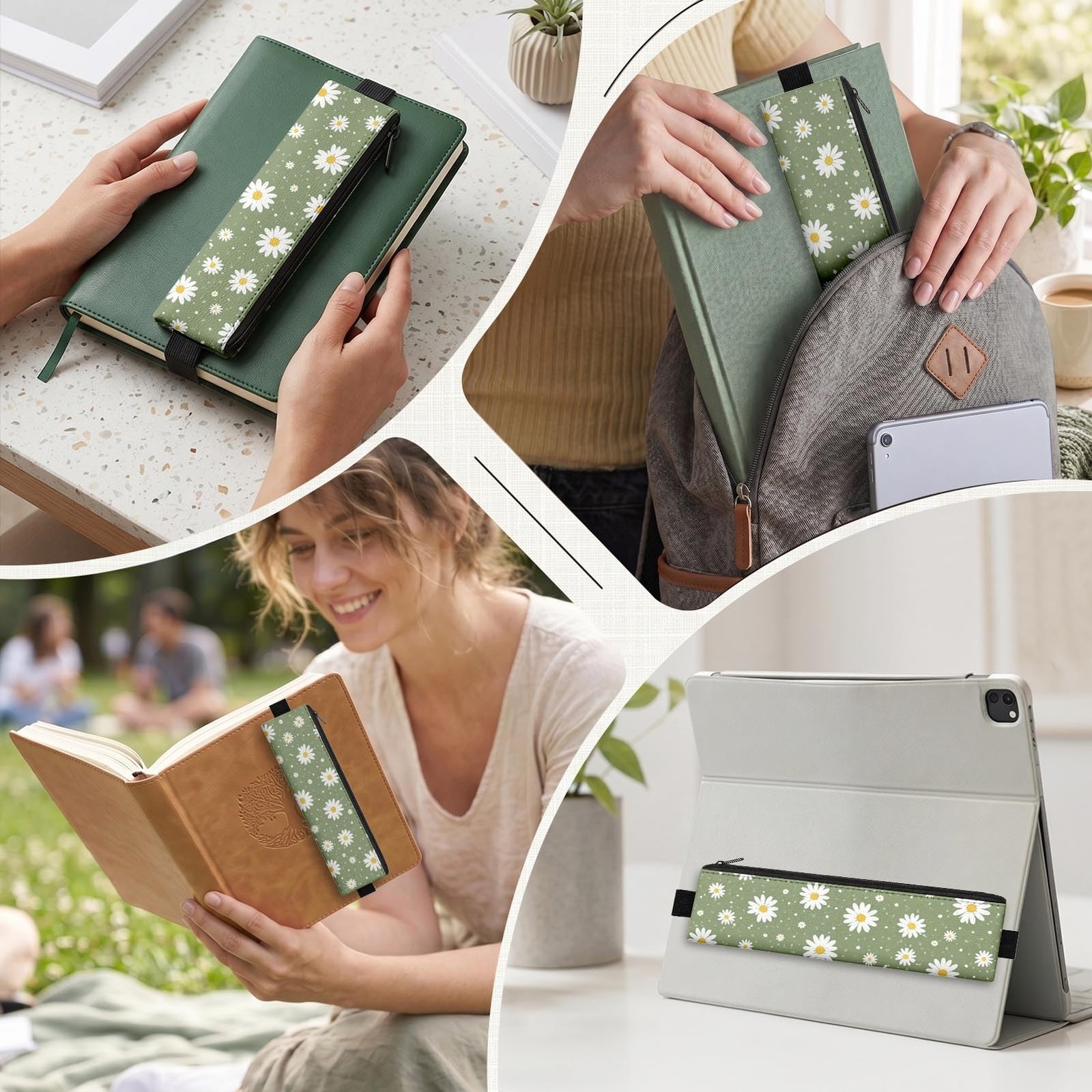 12 Pack Elastic Pen Holder for Notebook, Daisy Floral Boho, PU Leather Book P…