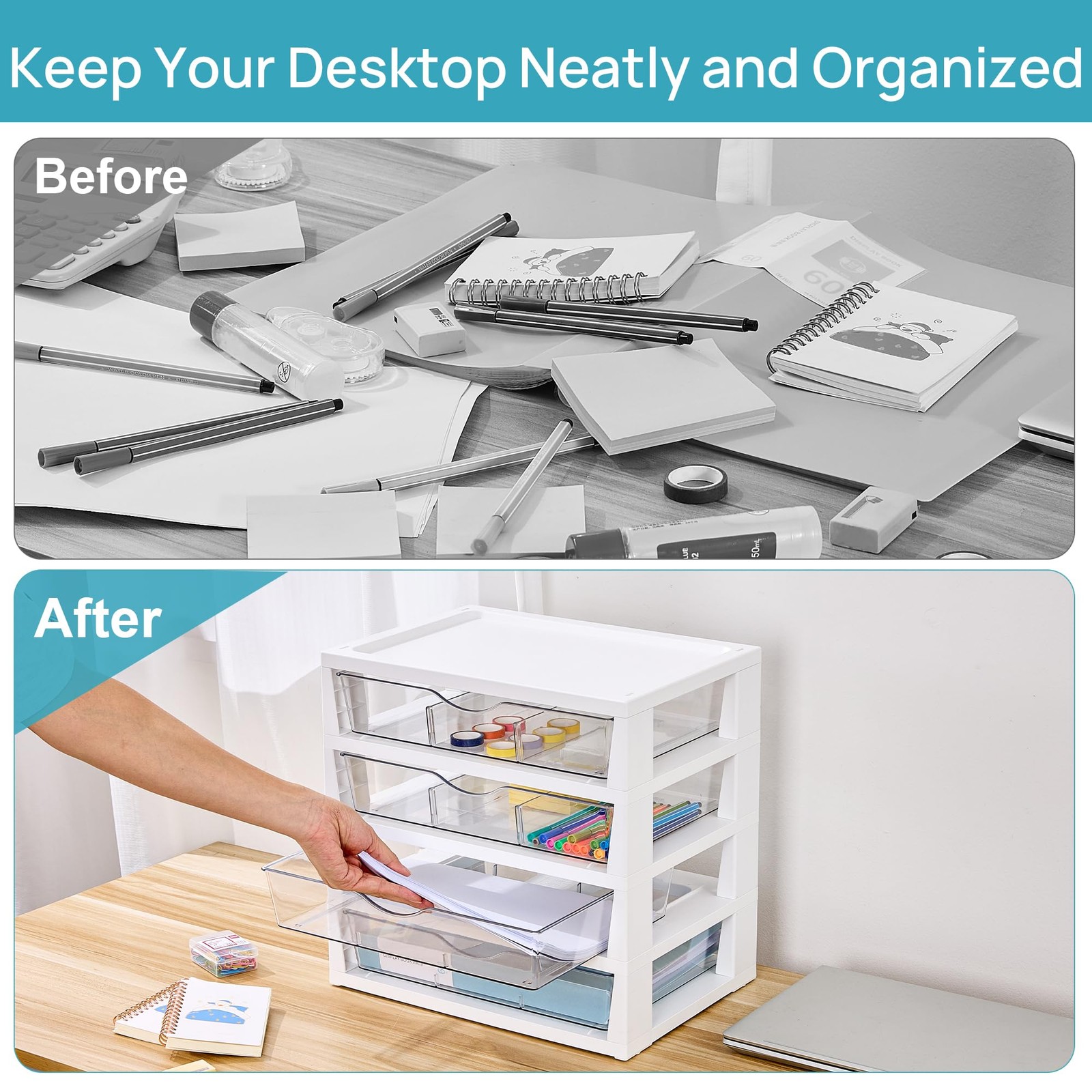 Vtopmart Clear Desk Organizer 4-Tier Assemble Desktop File Organizer Drawers