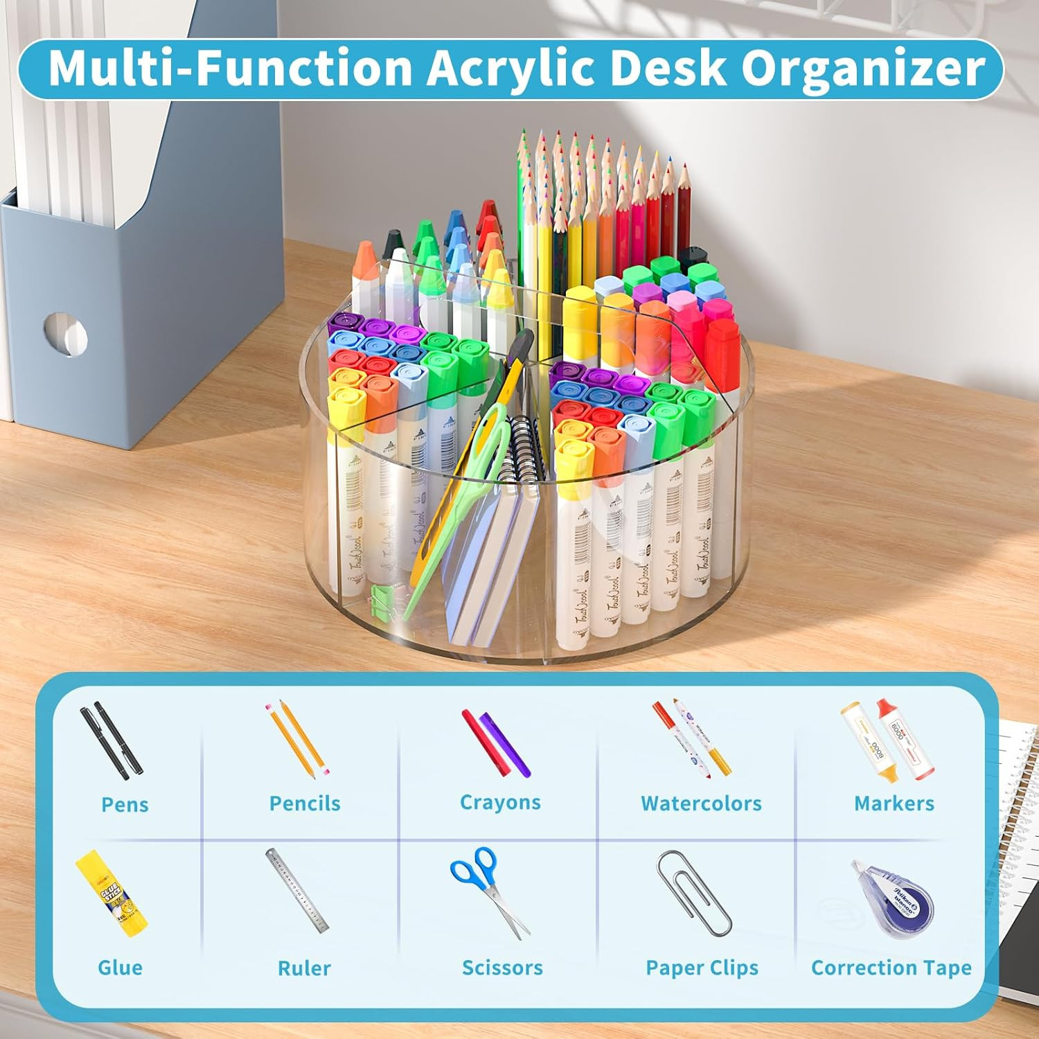 Rotating Acrylic Marker Organizer for Desk Clear 6-Compartment Storage