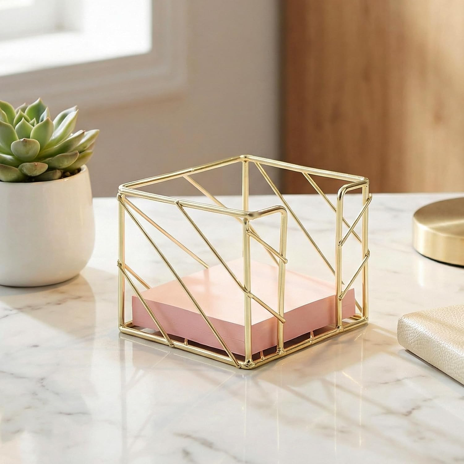 Sticky Note Holder, Gold Desk Accessories, 3.8X3.8 Inches Functional Stylish Met