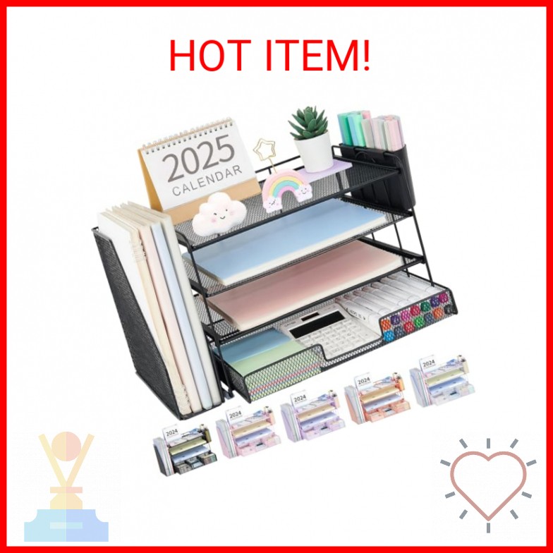 OPNICE Desk Organizer, 4-Tier Desktop File Organizer with Drawer and 2 Pen Holde