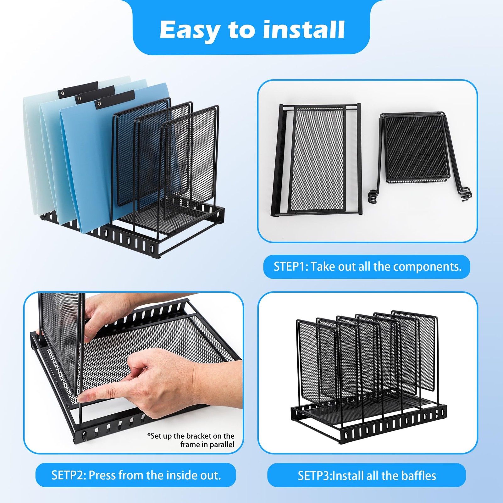 EASEPRES 5 Section Vertical Metal Mesh Desk File Organizer, Spacing Adjustable U