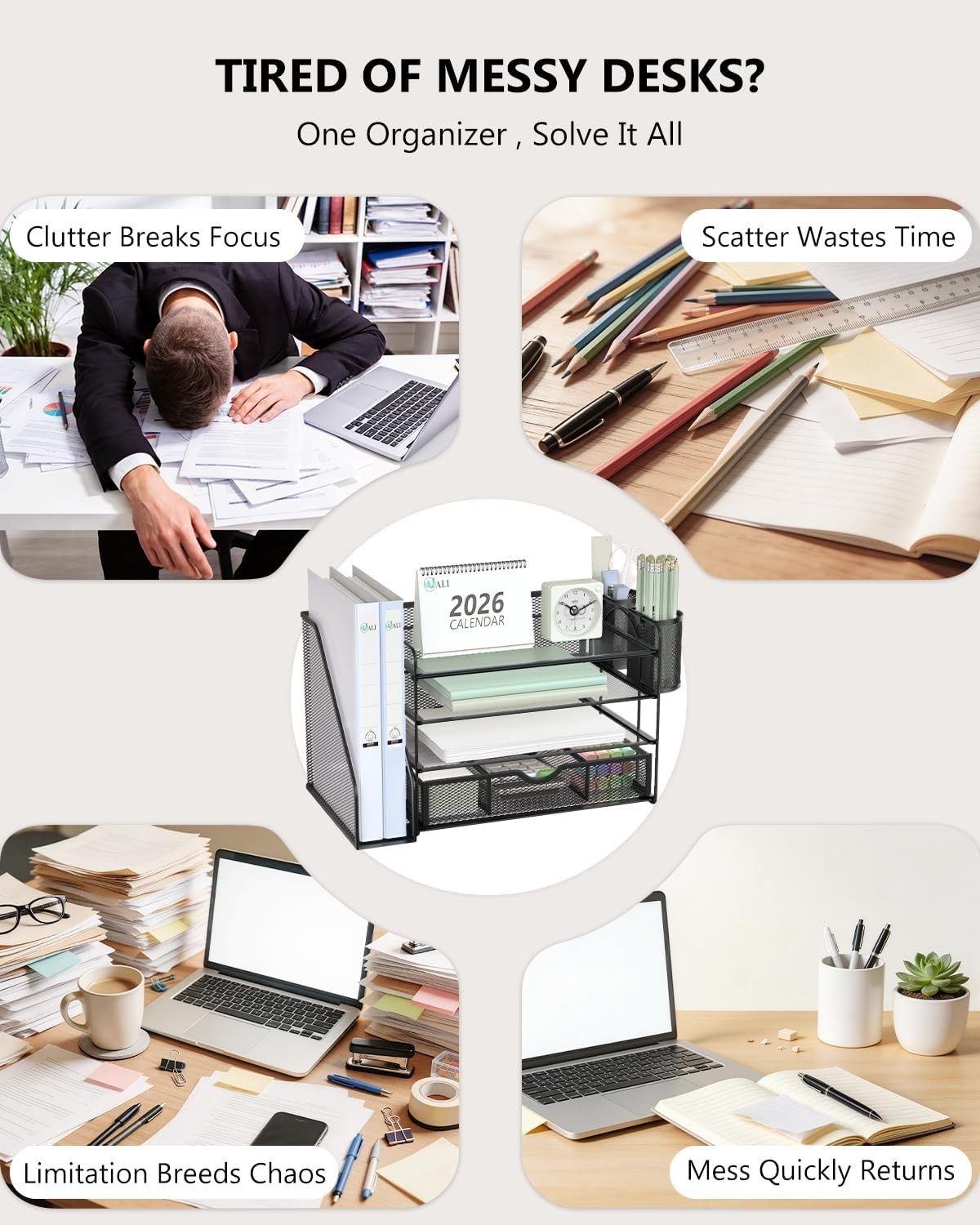 WALI Desk File Organizer, 4 Tier Desktop Paper Letter Tray Organizer with Drawer
