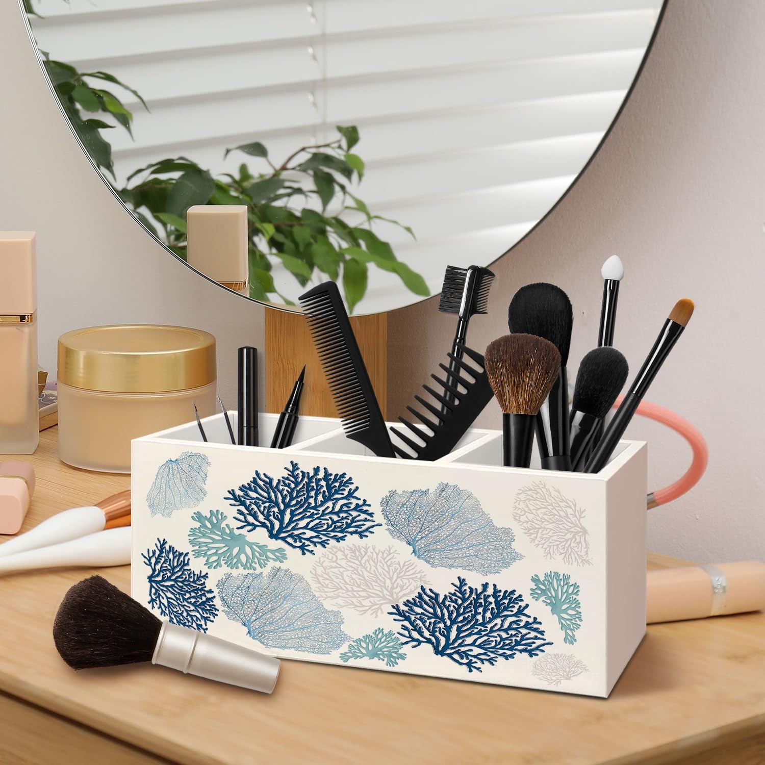 Blue Coastal Wooden Pen Pencil Holder for Desk Accessories, Beach Lover Gifts…