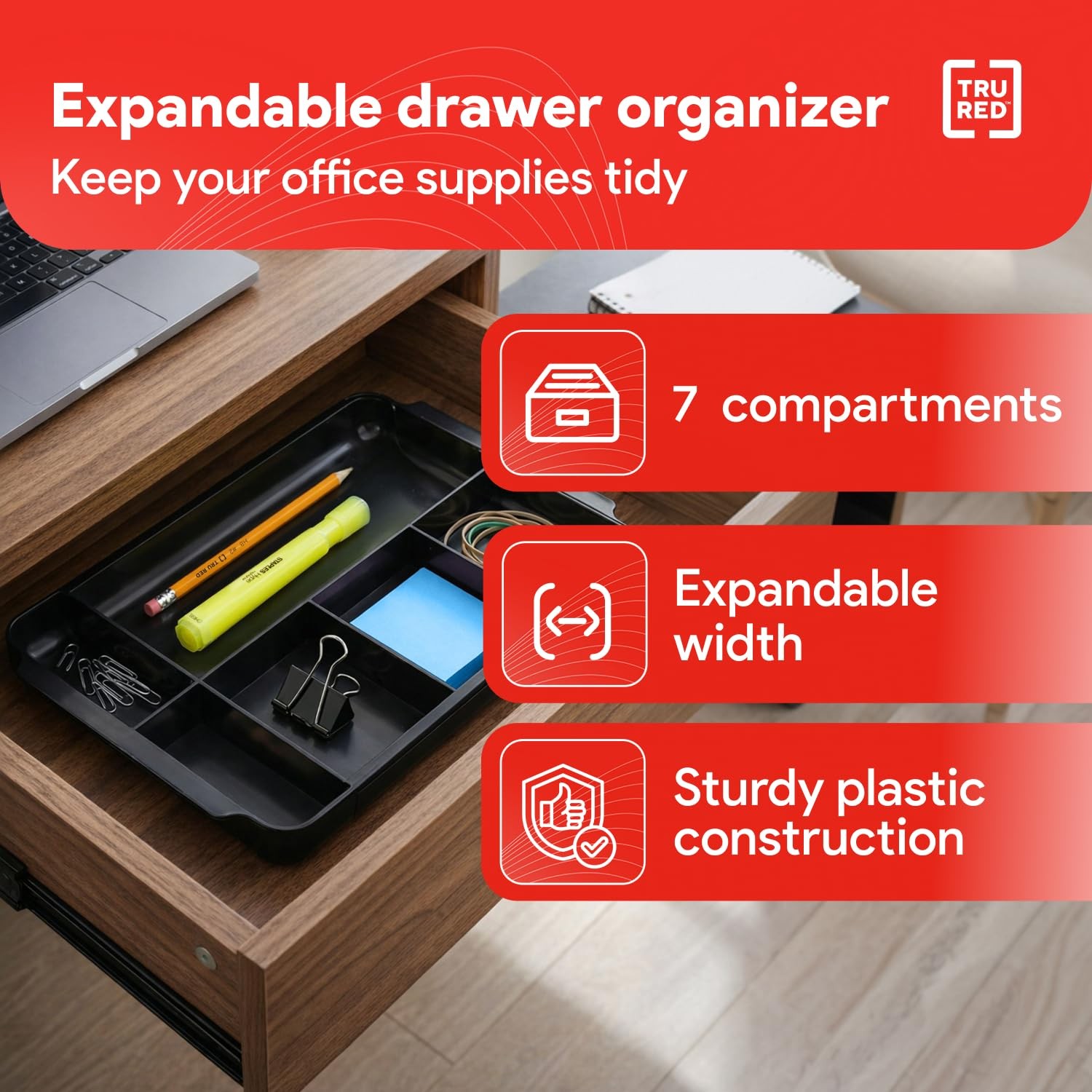 TRU RED Expandable Plastic Drawer Organizer, 7‑Compartment, One Size, Black