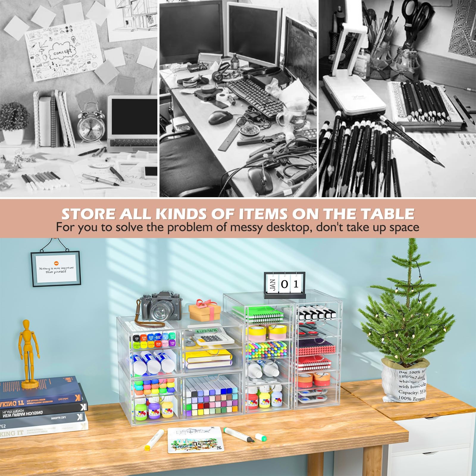 2 Pack Clear Desk Organizers with 7 Drawers, Makeup & Office Storage