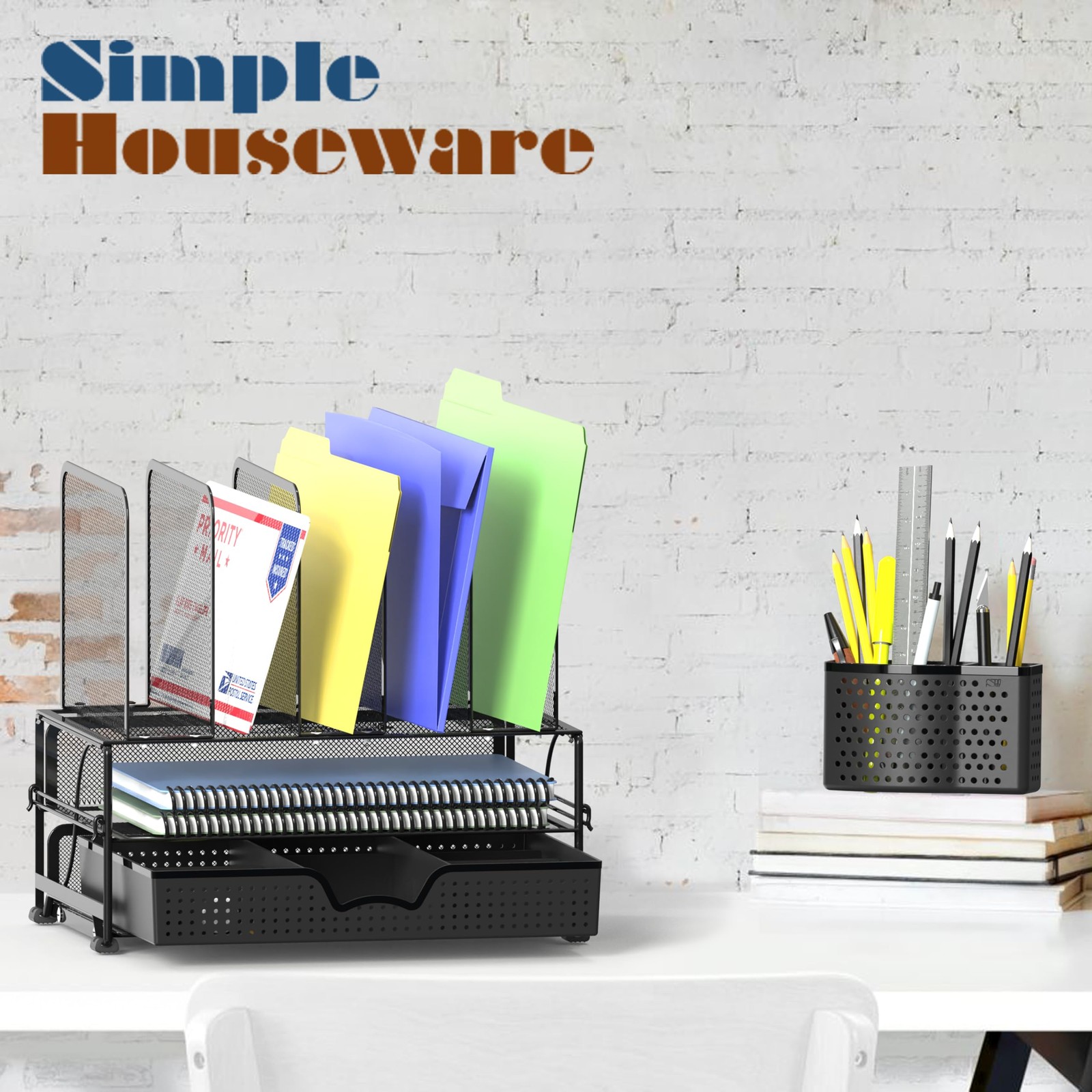 Mesh Desk Organizer with Sliding Drawer, Double Tray and 5 Upright Sections, …