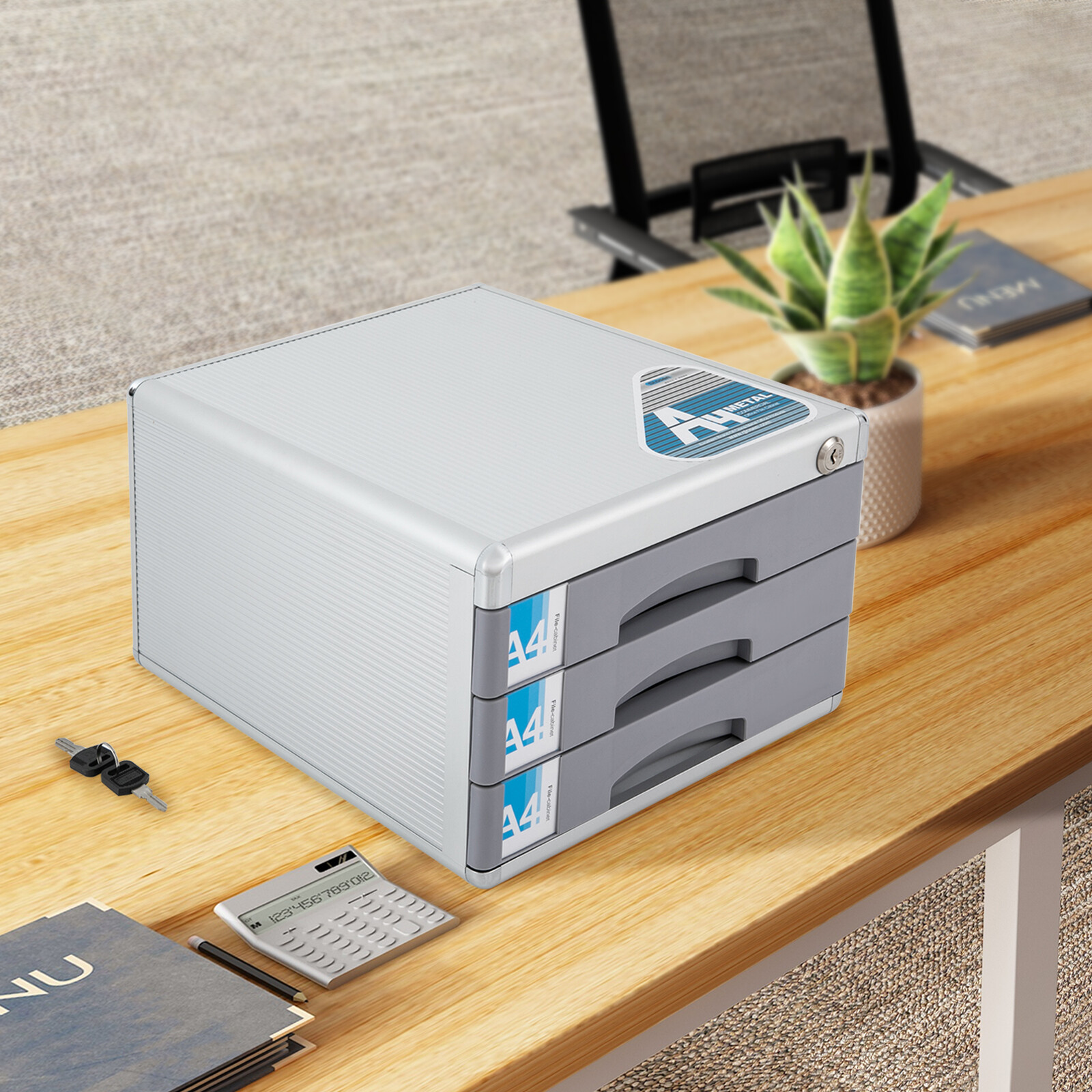File Box Storage Filing Desk Organizer Locking File Cabinet 3 Drawers for Office