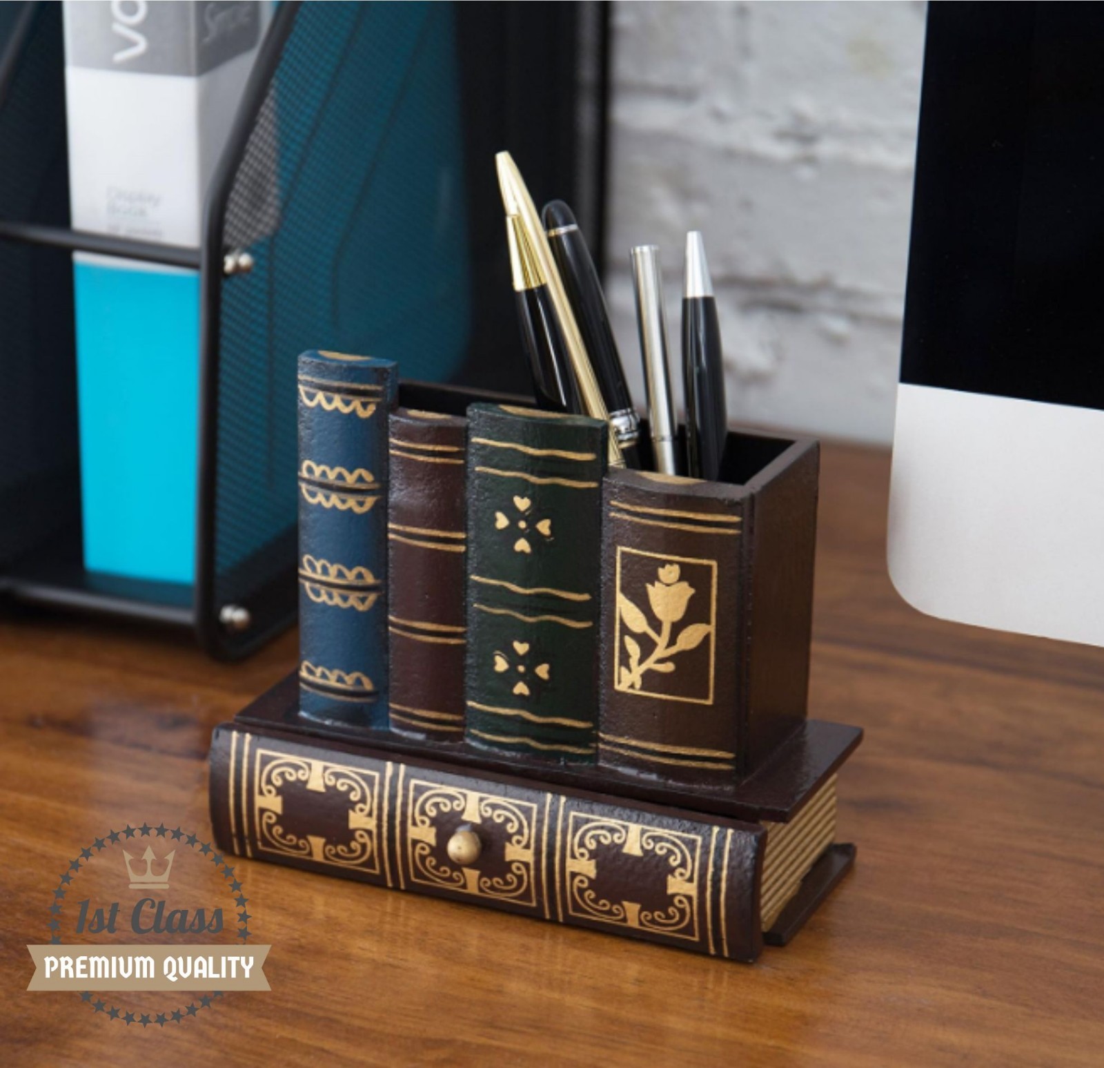 Antique Book Design Desk Organizer Wood Pencil Pen Holder w Drawer Brown