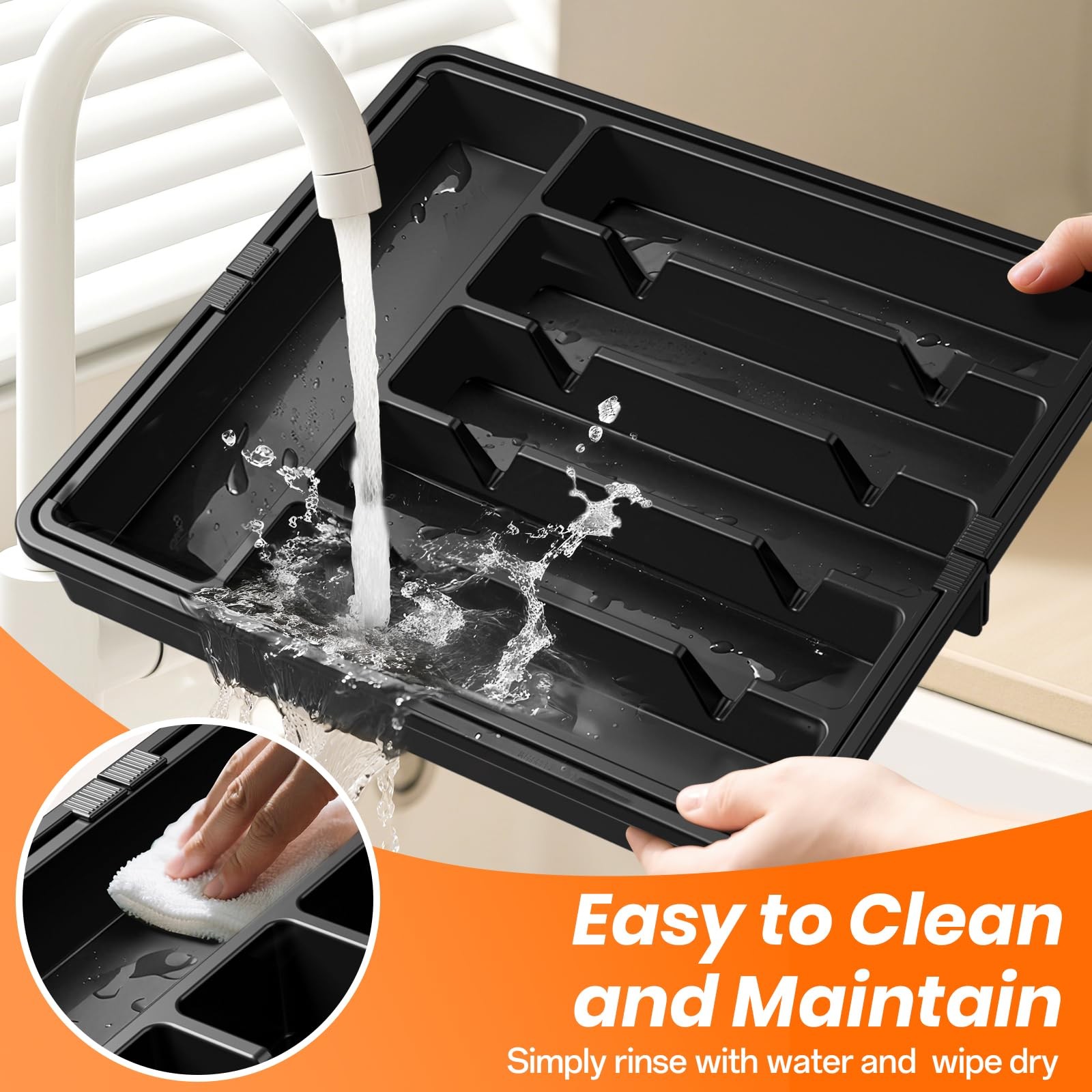 RoomHacks Large Silverware Organizer,Expandable Utensil Drawer Black