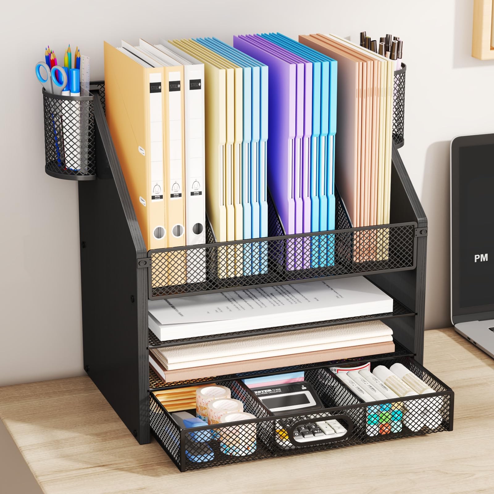 Desk Organizer with Drawers – Mesh and Wood Desk File Organizer with Pen Holders