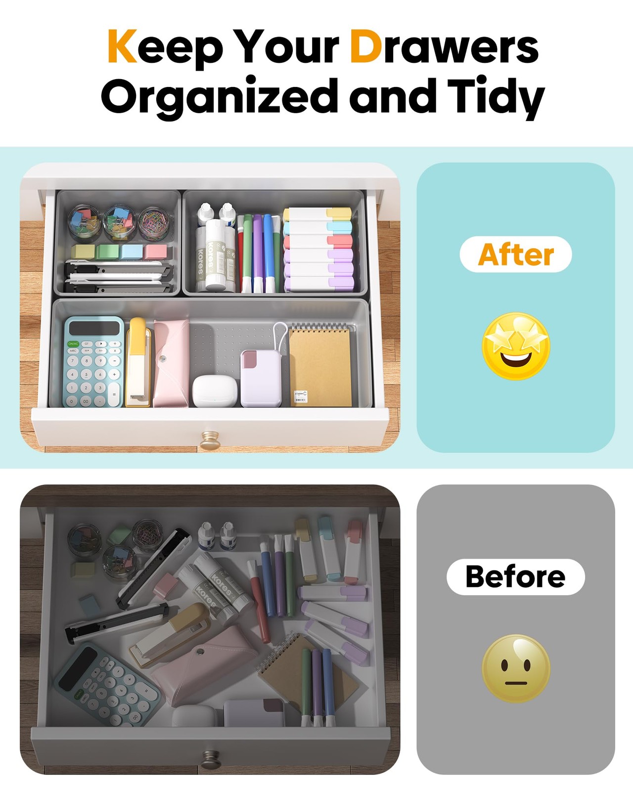 10 Pack Large Size Plastic Drawer Organizers Set, 3 Sizes Desk Drawer Organiz…