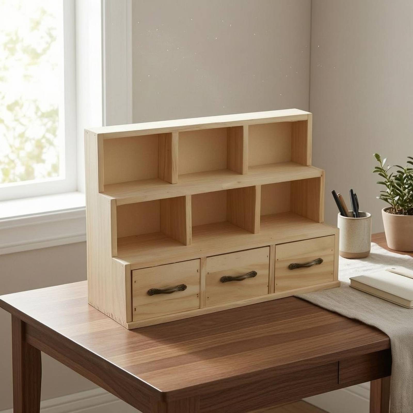 Wooden Desktop Cabinet 6 Compartments Workplace Supplies 3 Drawers