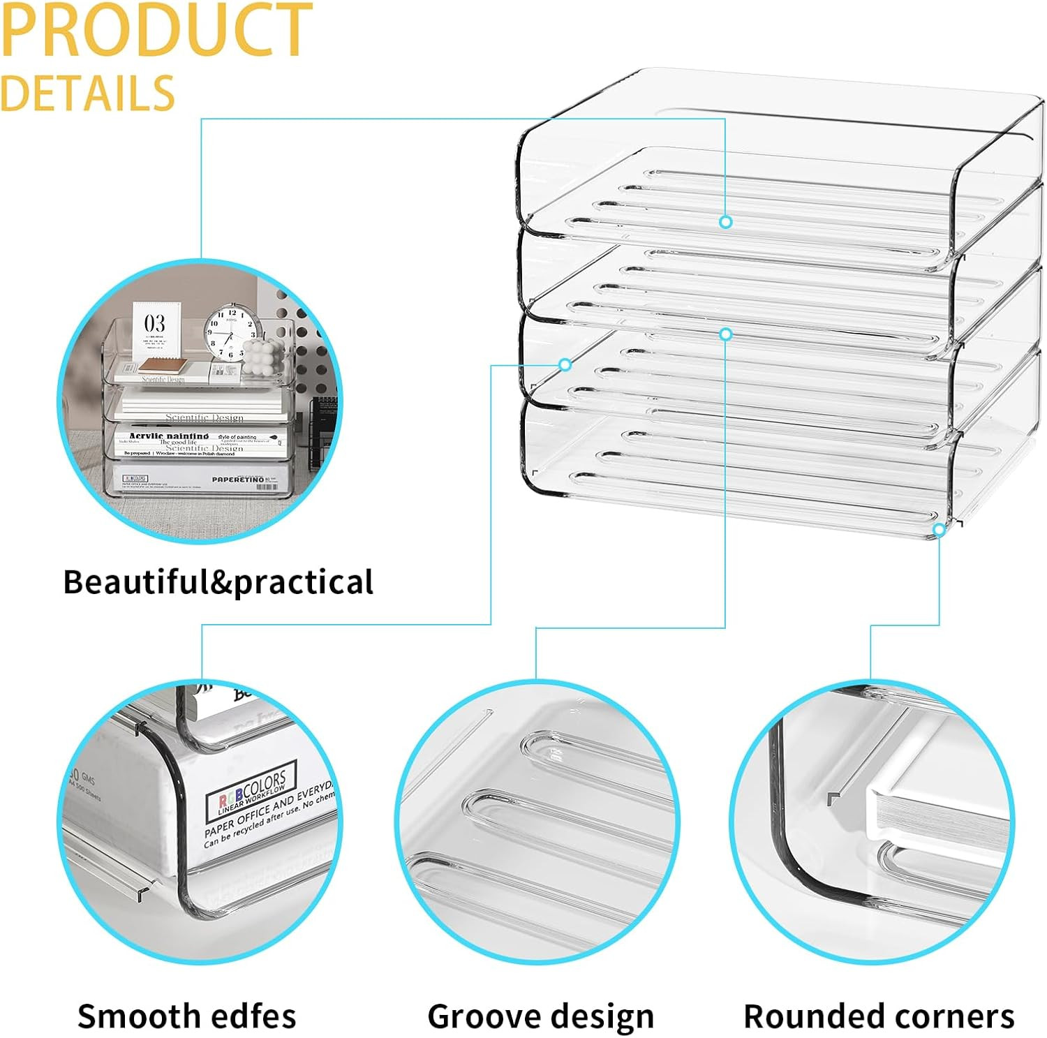 4-Tier Clear Acrylic Paper Tray Organizer Stackable Desk File Sorter