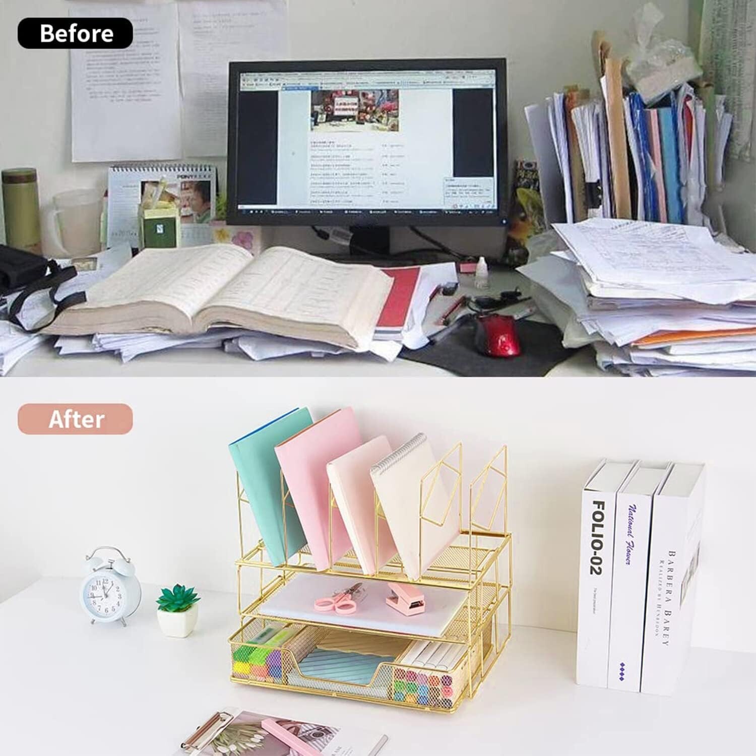 Mesh Desk Organizer with Sliding Drawer, Double Tray and 5 Upright Sections