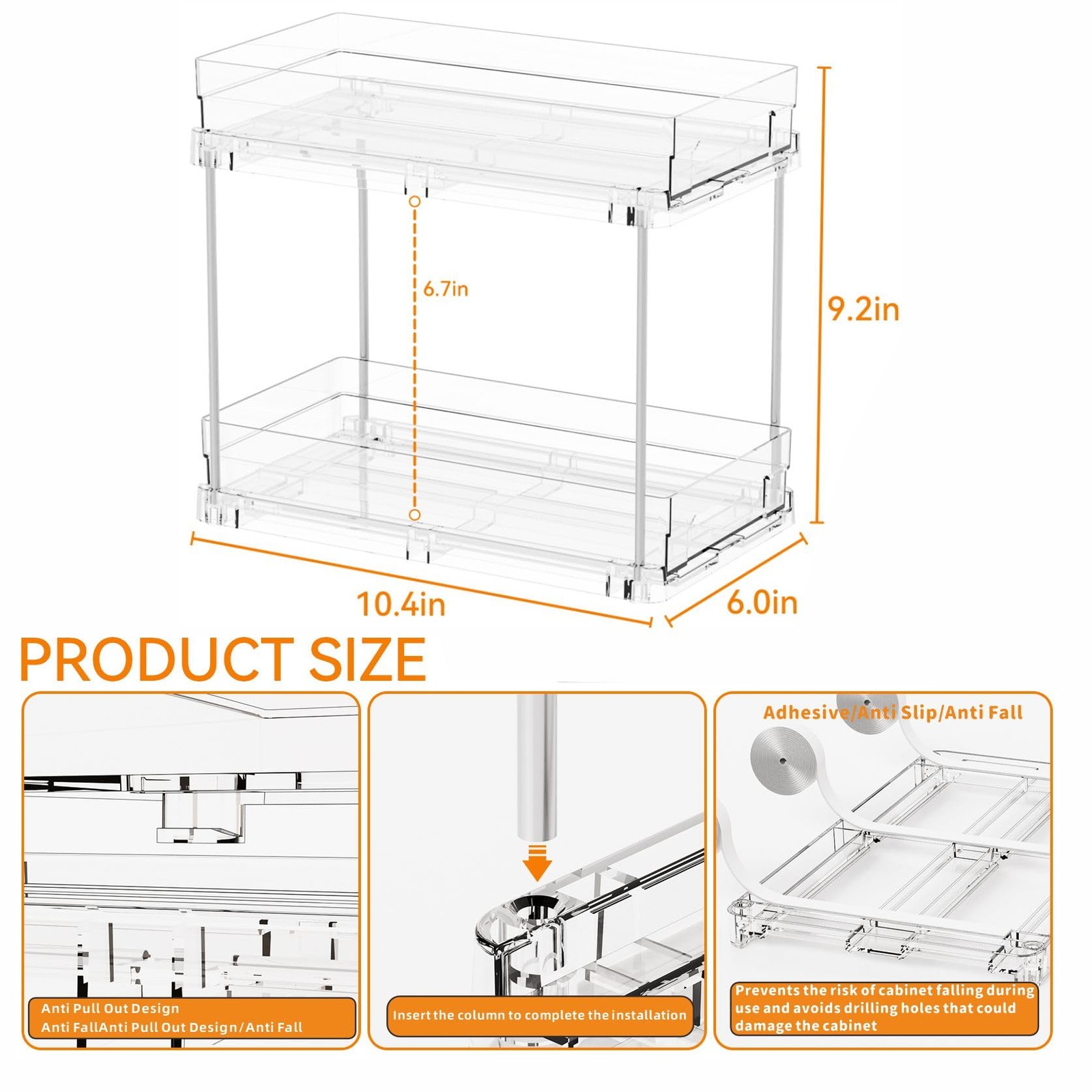 2 Set,2 Tier Pull Out Cabinet Organizer for 10.4″ x 6″ x 9.2″, Clear