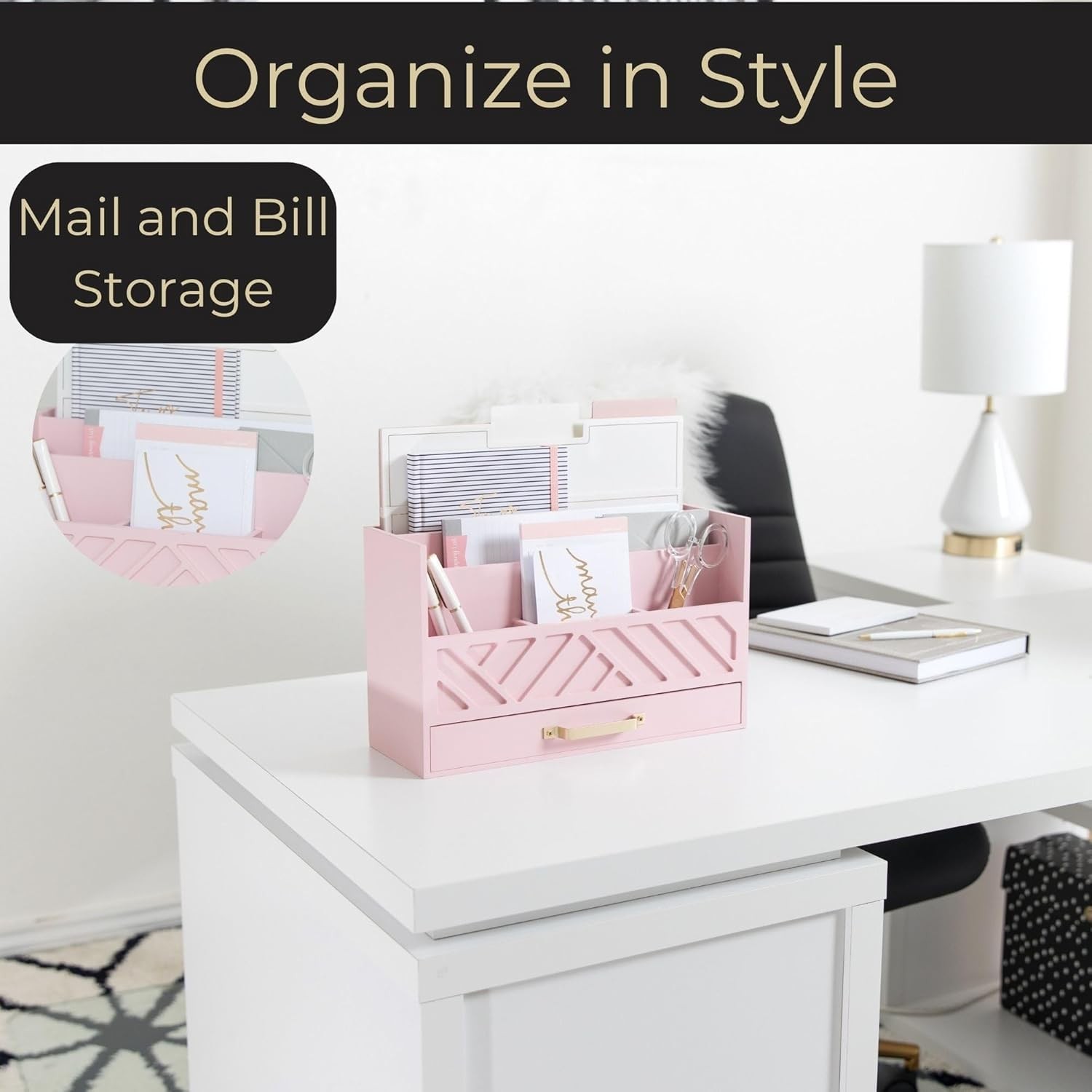 Pink Desk Organizers Wooden Mail Organizer with Drawer | Mail Sorter Organizer