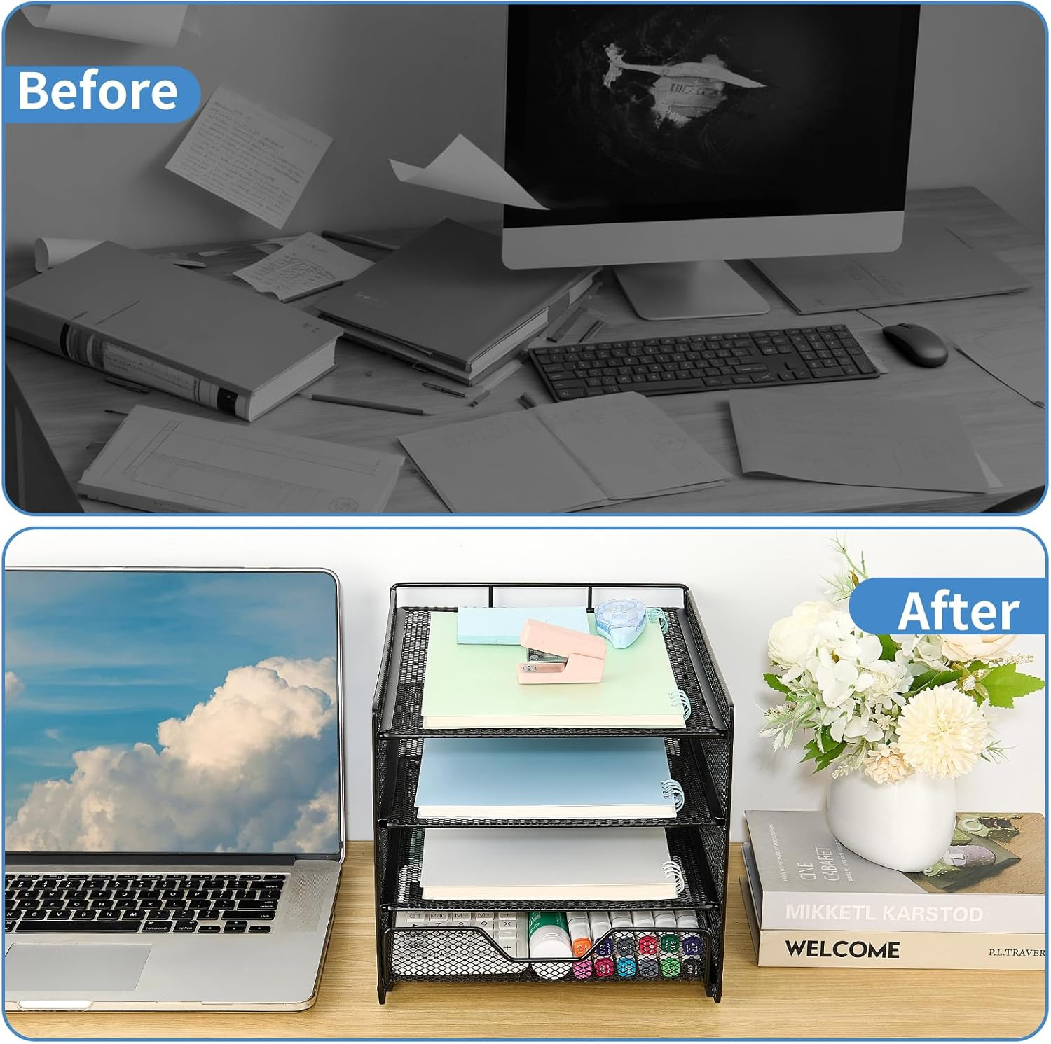 Desk Organizers and Accessories, 4-Tier Desktop File Organizer with Drawer, Offi