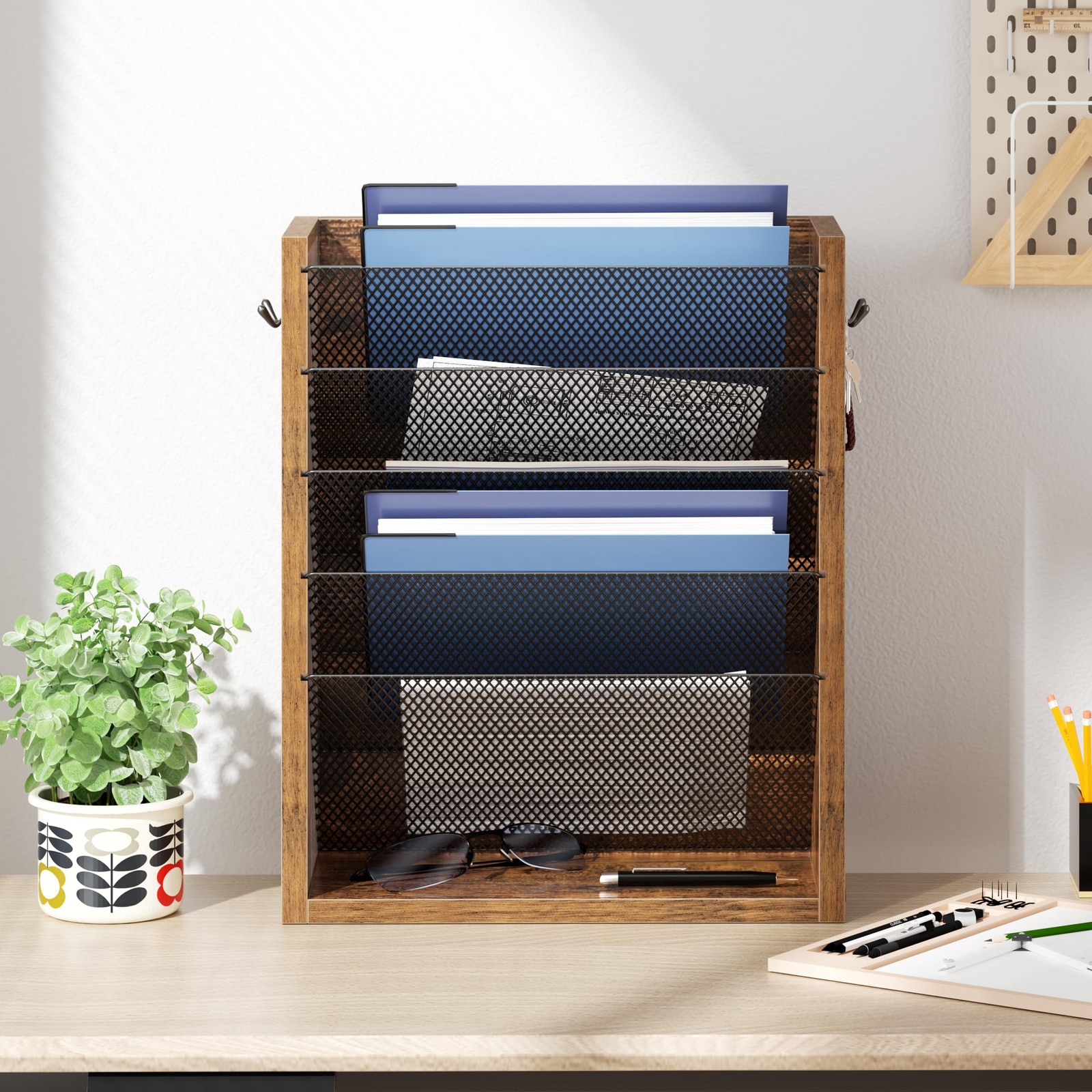 Mail Organizer Wall Mounted, Mail Sorter with 2 Key Hooks, 6-Slot File Organi…