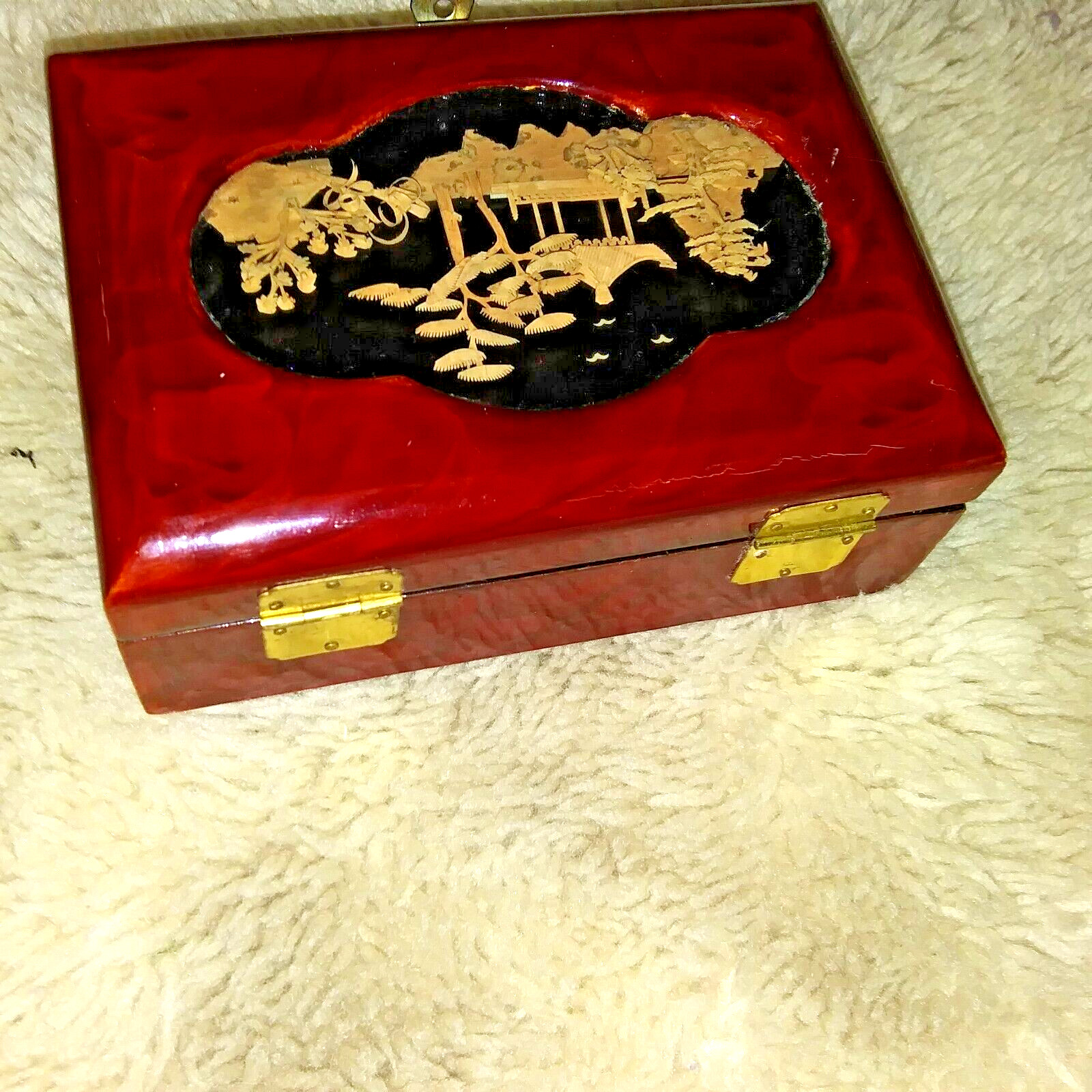 VTG San You Lacquered Oriental Pagoda Diorama Hand Carved Cork Art Jewelry Box