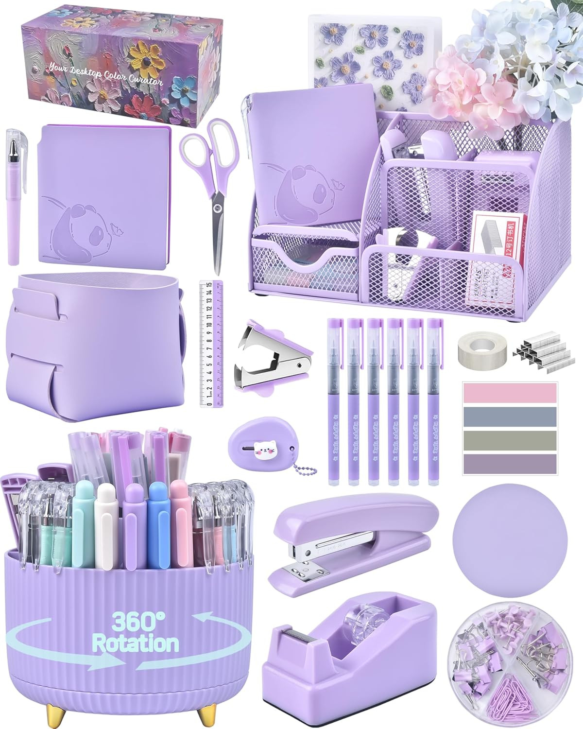 Purple Desk Accessories and Organizers with Desk Organizer and 360°Rotating Pen