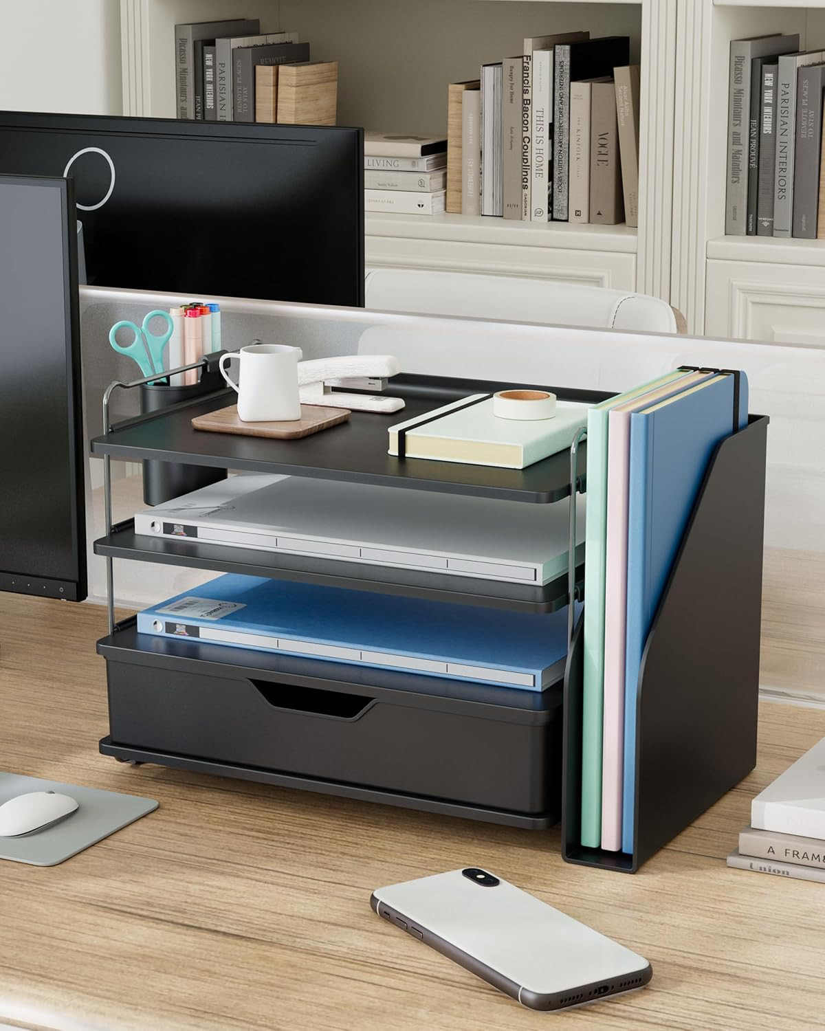 4 Tier Desk Organizer with Drawer & Pen Holder 13.3″ x 8″ x 10.8″ Black