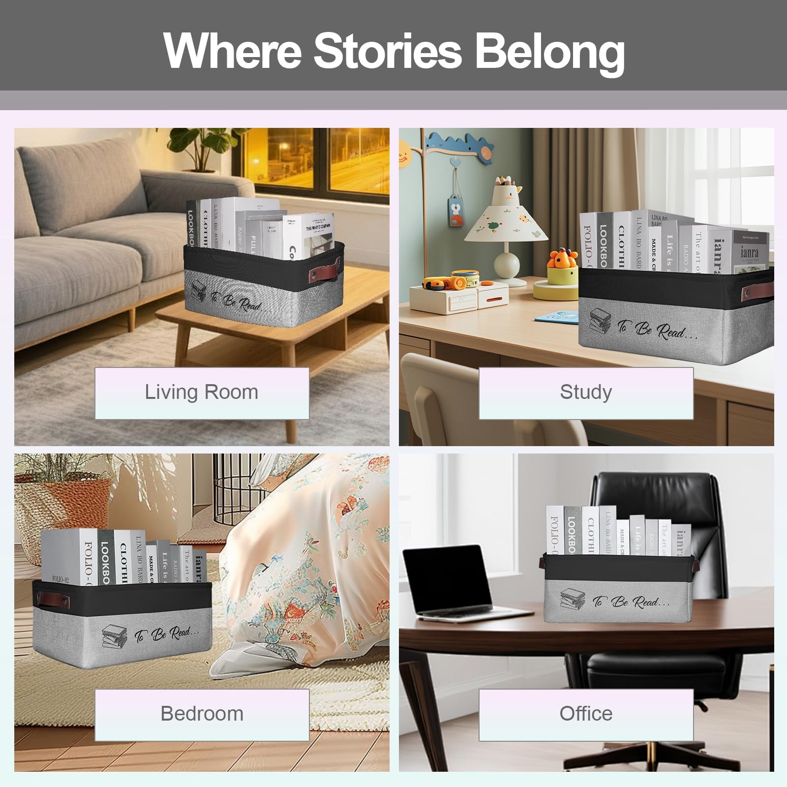 TBR Book Storage Basket Organizer Bin Leather Handles Reading Lover Gifts
