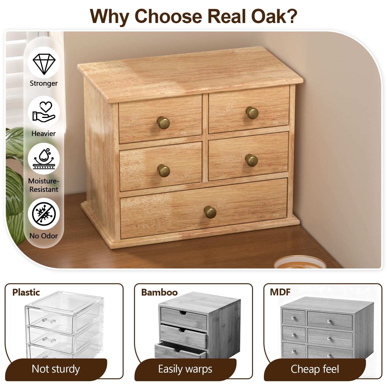 Oak Desk Organizer with Drawers, Wooden Desktop Storage Box with Metal Handle…