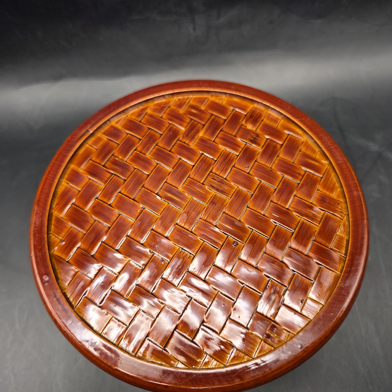 Vintage Bamboo Handmade Open Weave Lacquered Braided Trinket Nox with Lid