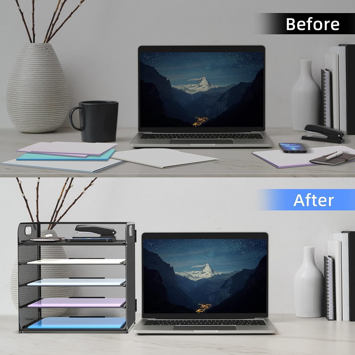 5 Tray Paper Organizer Letter Tray with Handle-Mesh Desk File Holders Organizer