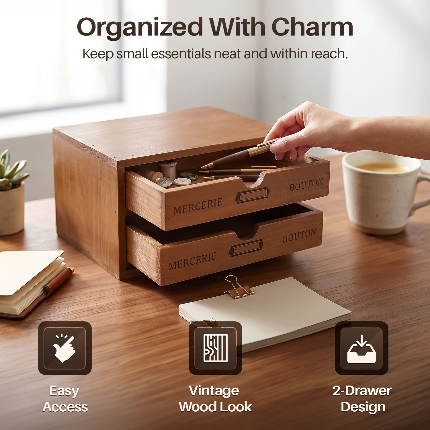 2-Tier Wooden Desktop Office Supplies Organizer Cabinet w/ 2 Storage Drawers Set