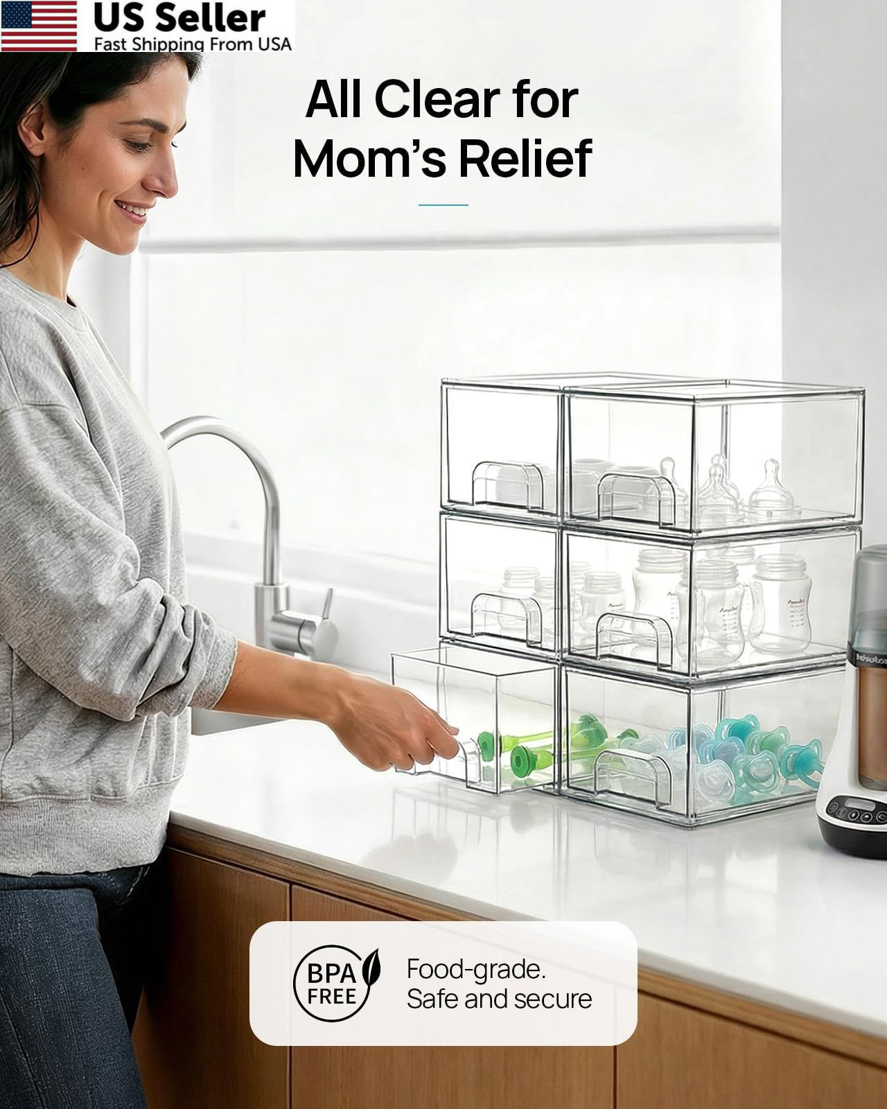 Vtopmart 2 Pack Small Clear Stackable Storage Drawers,Acrylic 2*Middle,