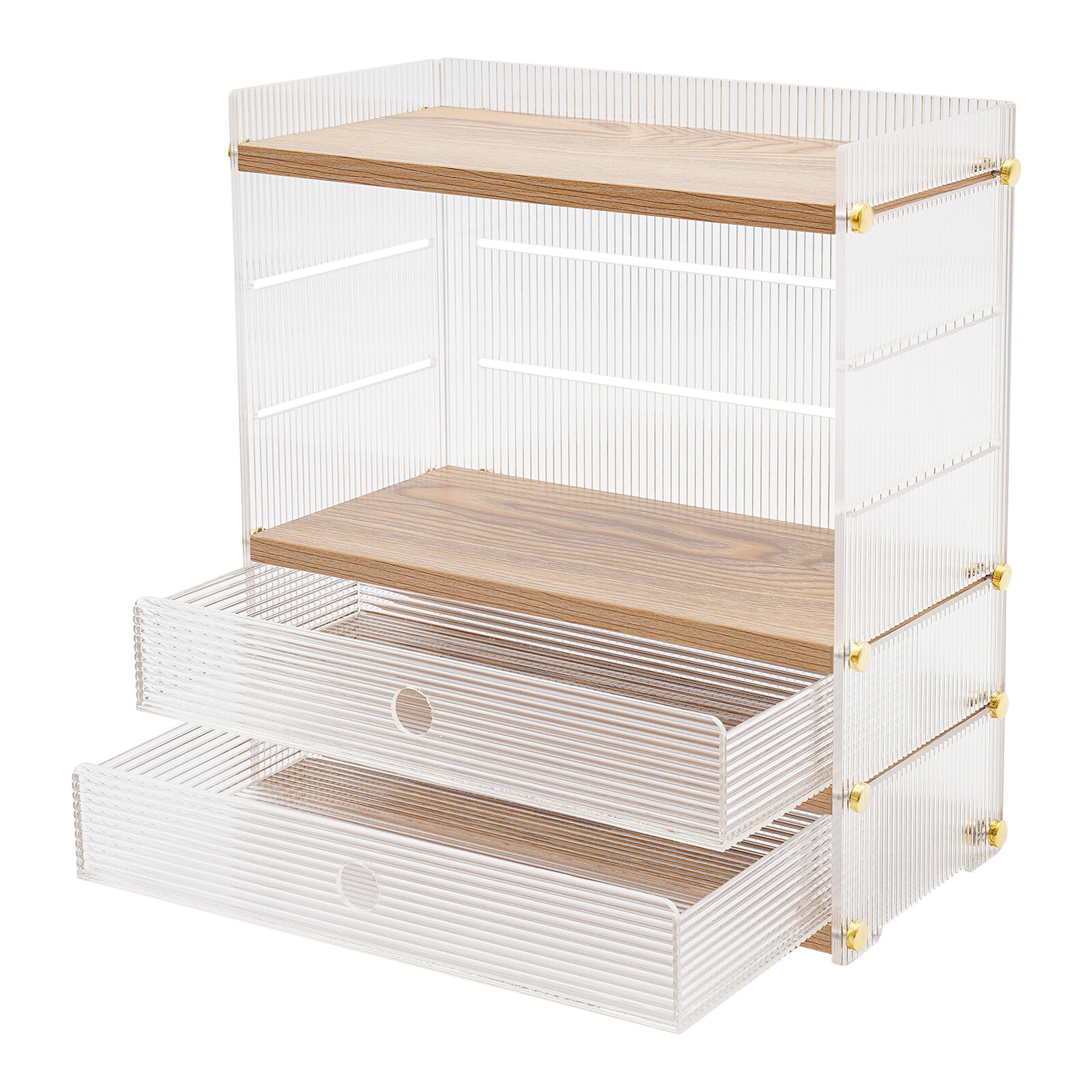4 Tier Wood Desktop Organizer Clear Show Shelf Adjustable Desk Stroage W/ Drawer