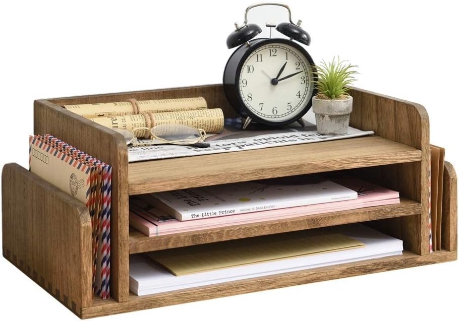 Assembled Wood Desk Organizer, 5 Trays, 3-Tier Letter Holder, Dark Brown, Office