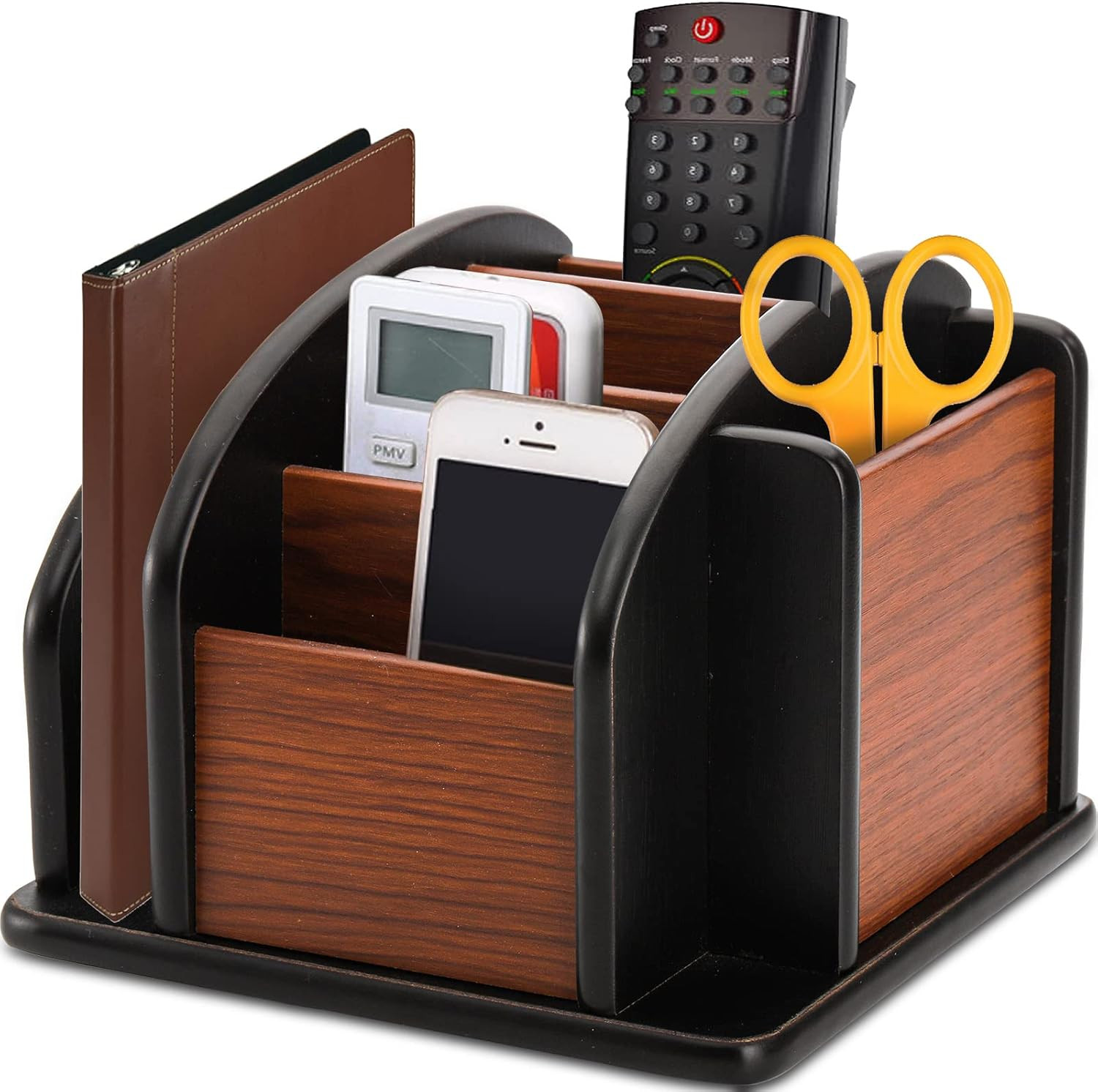 DEAYOU Wood Remote Control Holder for Table, Revolving Office Desktop Organizer
