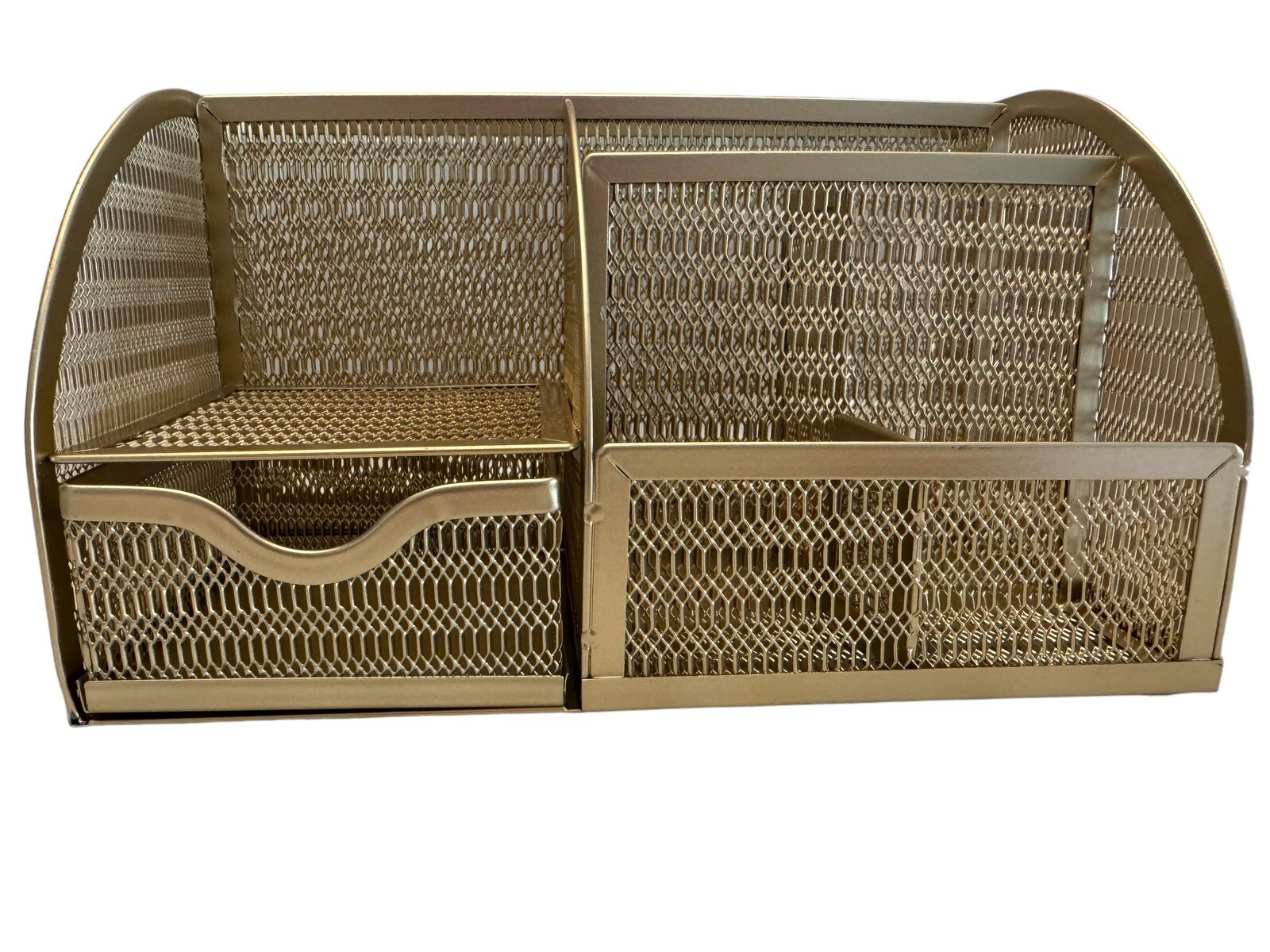 Gold Wire Mesh Metal Desk Organizer Compartments Hollywood Regency 8.75” x 5.75”