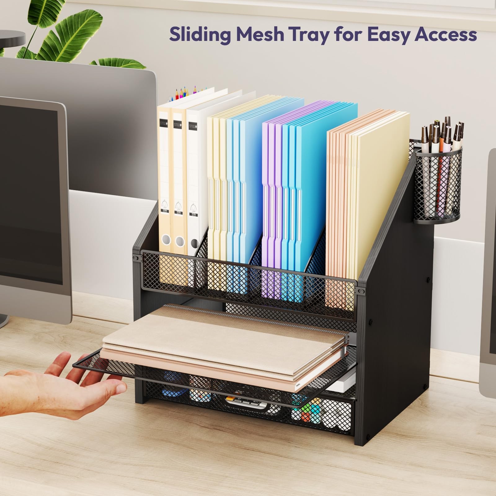 Desk Organizer with Drawers – Mesh and Wood Desk File Organizer with Pen Hold…