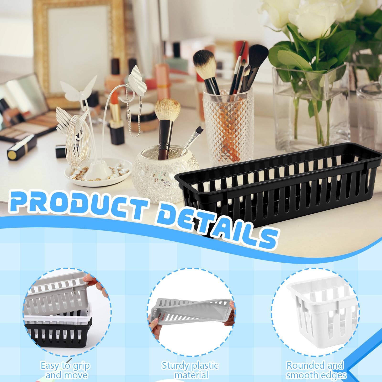 12 Pcs Black,White,Gray Slim Plastic Storage Baskets Tray 10 x 3 x 2.5 Inch C…